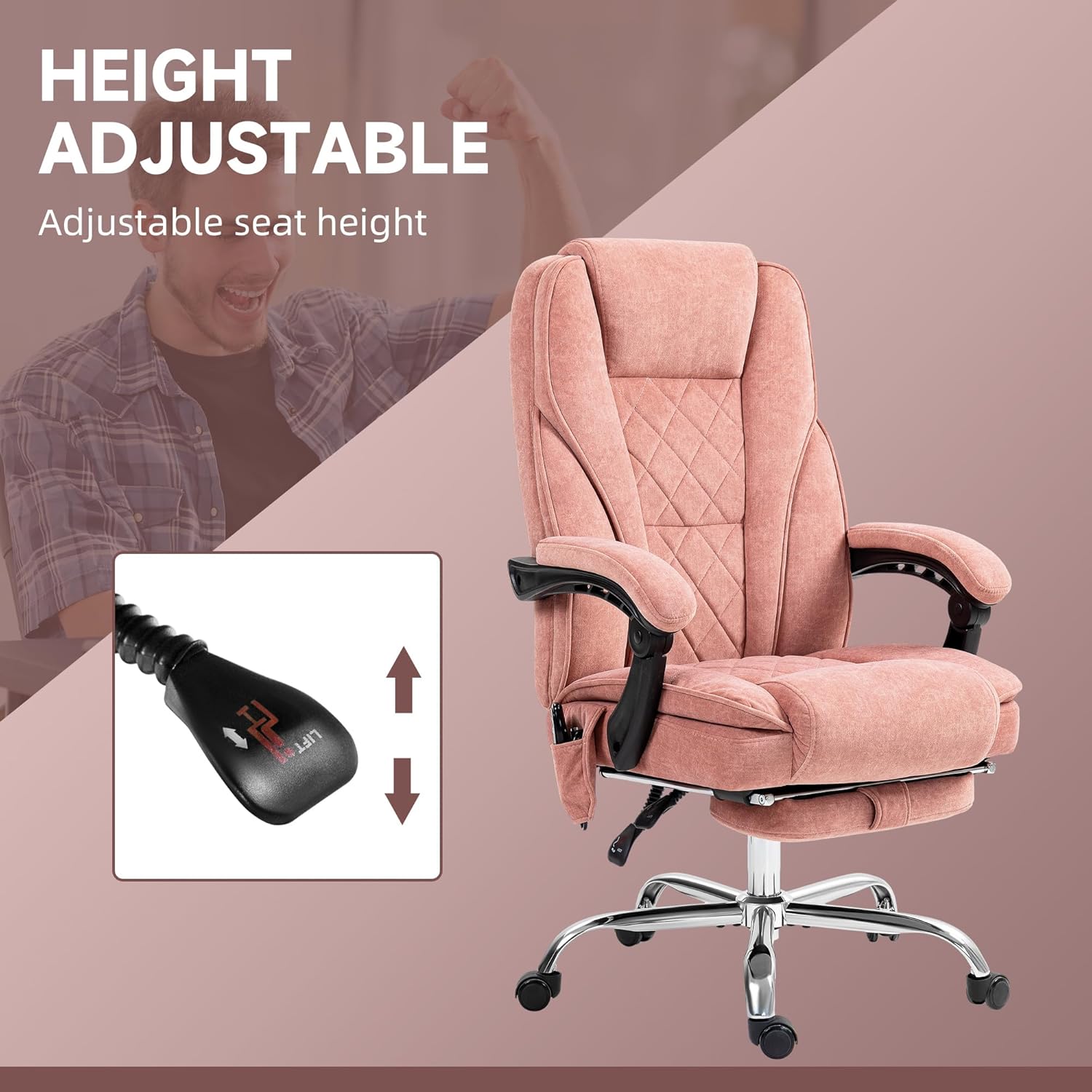 Vinsetto Massage Office Chair with Foot Rest, Executive Computer Desk Chair with 6 Vibration Point and Heat, Reclining Backrest, Swivel Wheels, Adjustable Height, Pink