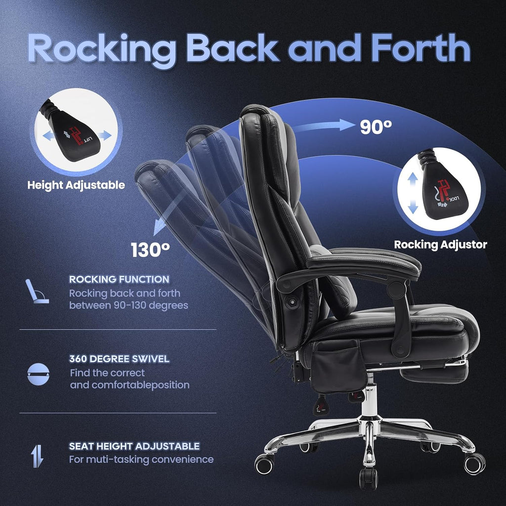 Massage Office Chair with Footrest, High Back Executive Chair, Ergonomic Desk Chair with Removable Pillow, 2 Lumbar Massage Points, Reclining, Leather Computer Chair, Black