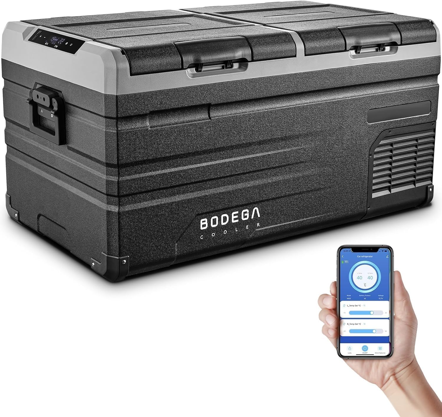 BODEGACOOLER 12 Volt Car Refrigerator,95 Quart Dual Zone APP Control, Designed with Removable 2-Way Door Portable Freezer,-4℉-68℉ RV Electric Cooler 12/24V DC and 100-240V AC for Camping,RV,Travel