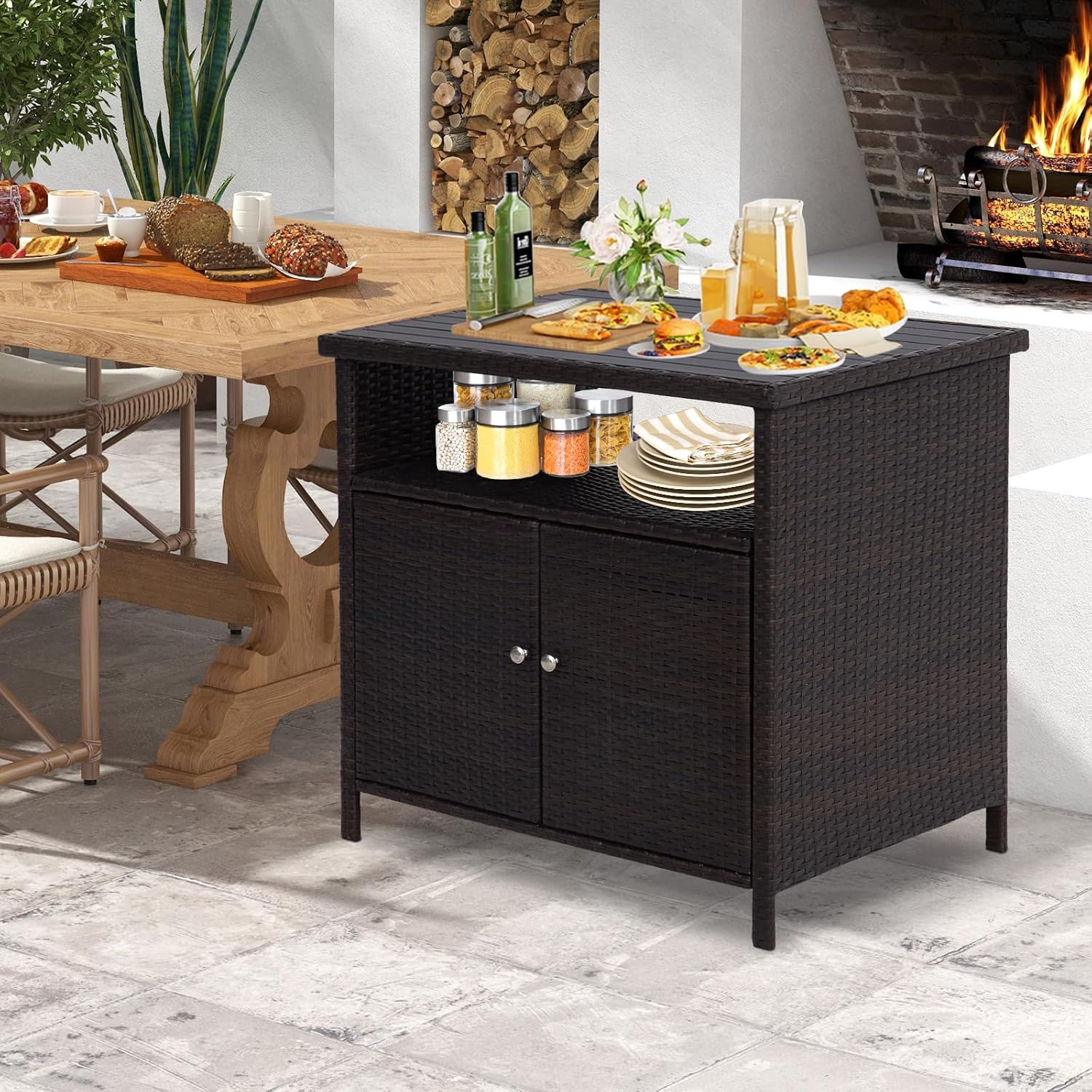 KINTNESS Patio Bar Table with Two Doors and Shelves, Outdoor Wicker Storage Cabinet, Console Table Dining Table with Aluminum Tabletop for Patio Island Home Party Bar (Brown)