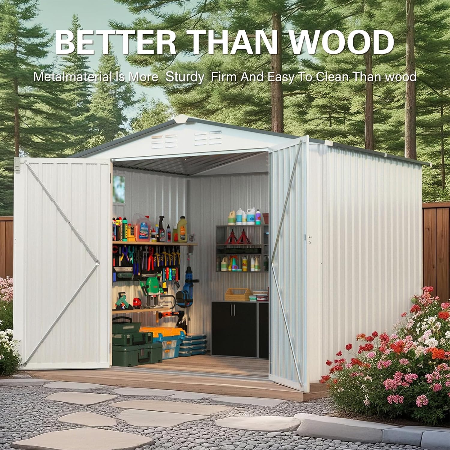 8X6 FT Metal Storage Shed,Tool Shed with Peaked Roof, Outdoor Storage Shed with Clear Window and Lockable Door, Garden Shed for Garden, Backyard,Patio,Sundries, White (8X6 FT)