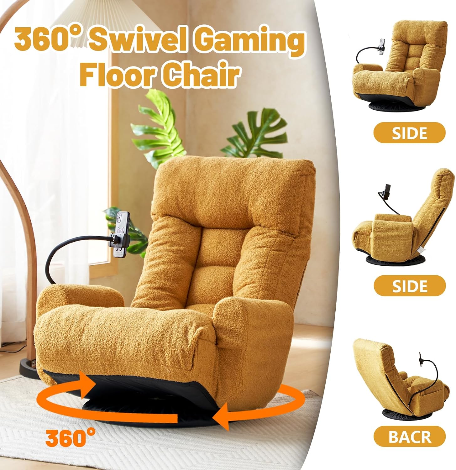 360° Swivel Gaming Floor Chair, 5 Position Adjustable Folding Sofa Chair with Armrests & Phone Holder, Cushion Padded Indoor Chaise Lounge for Adults, Home Office Floor Leisure Chairs, Yellow