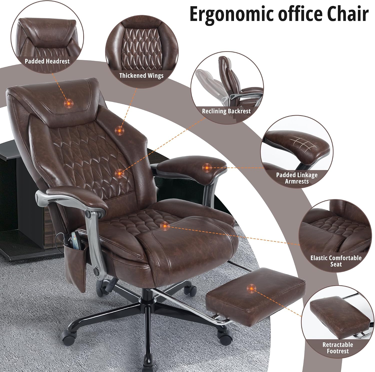 Massage Office Chair with Heat & Footrest, Ergonomic Reclining Executive Desk Chairs with 6-Point Vibration, PU Leather Computer Chair for Home Office or Gaming