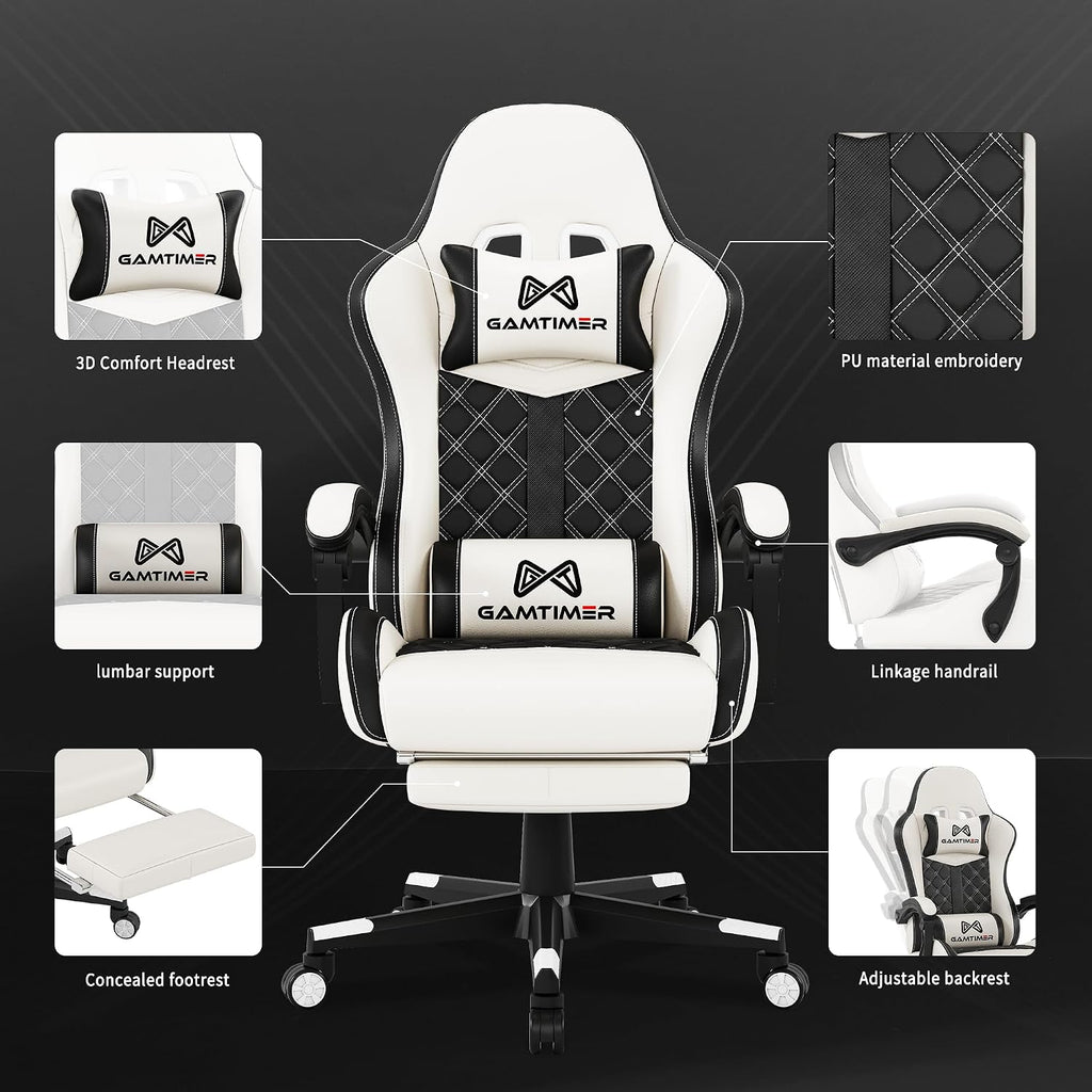 Gaming Chair, 400 lbs Adult Chair, High Back Computer Chair with Footrest and Linked Armrests, Office Video Game Chair with Lumbar Support (White)