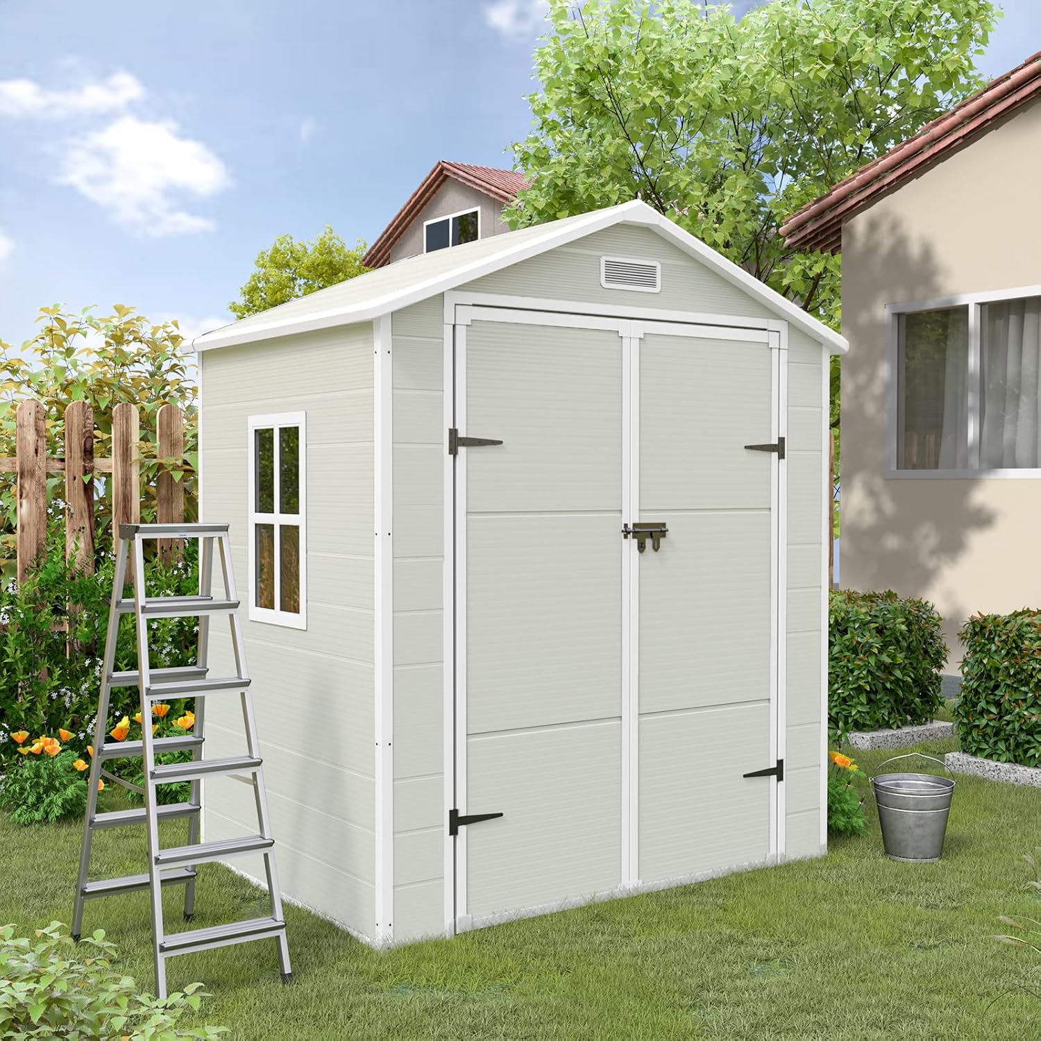 UDPATIO Outdoor Storage Shed 6x4.5 FT, Resin Outside Sheds & Outdoor Storage Plastic for Trash Can, Bike, Lawnmower, Generator, Tool Shed with Lockable Door for Backyard, Lawn, Patio, Sandstone