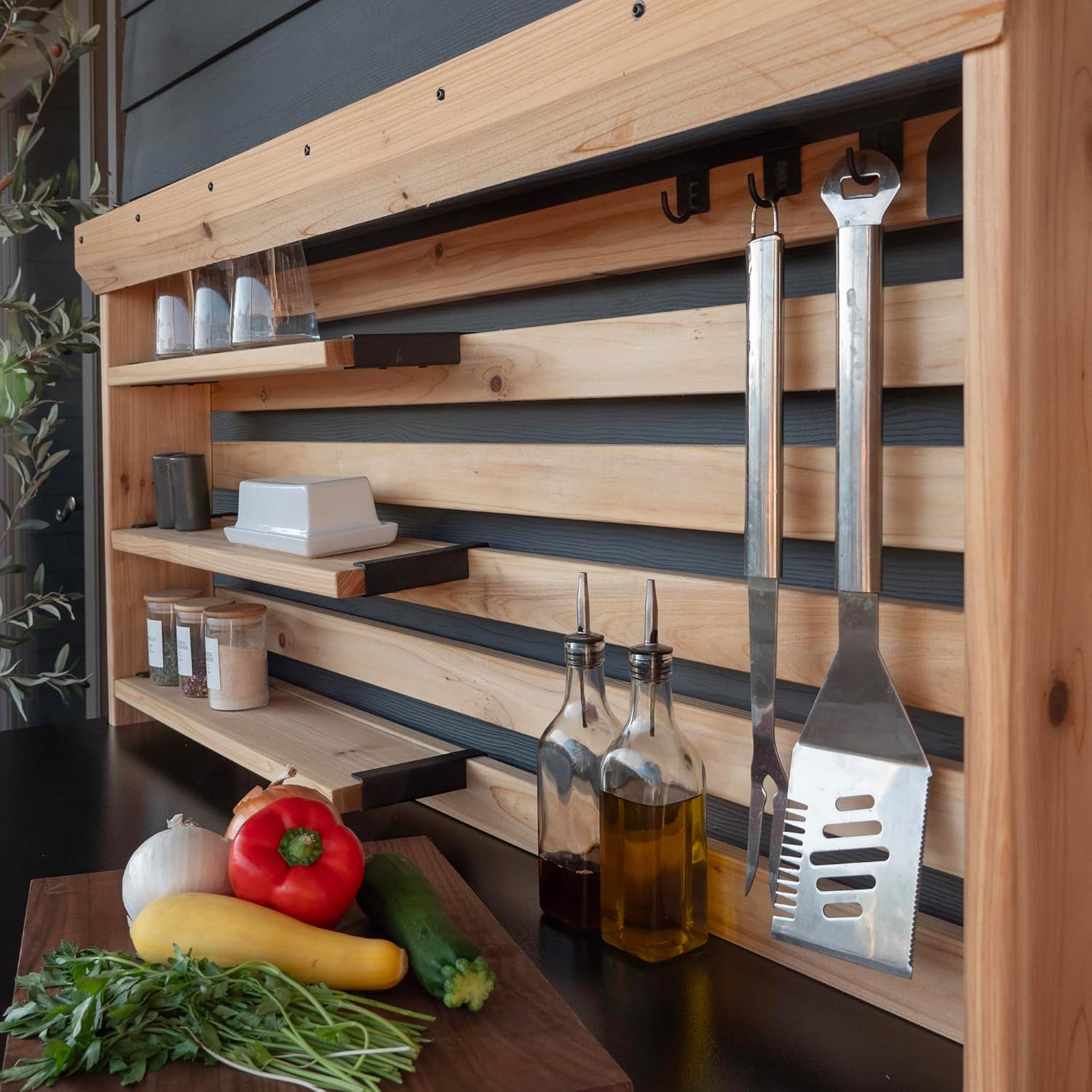 Backyard Discovery 48' Cedar Wood Buffet Hutch Serving Station with Galvanized Steel Countertop, Wine Rack, Wine Glass Rack, Trash Bin, Modular Shelves, Towel Bar, Drink and Food Prep, Indoor/Outdoor