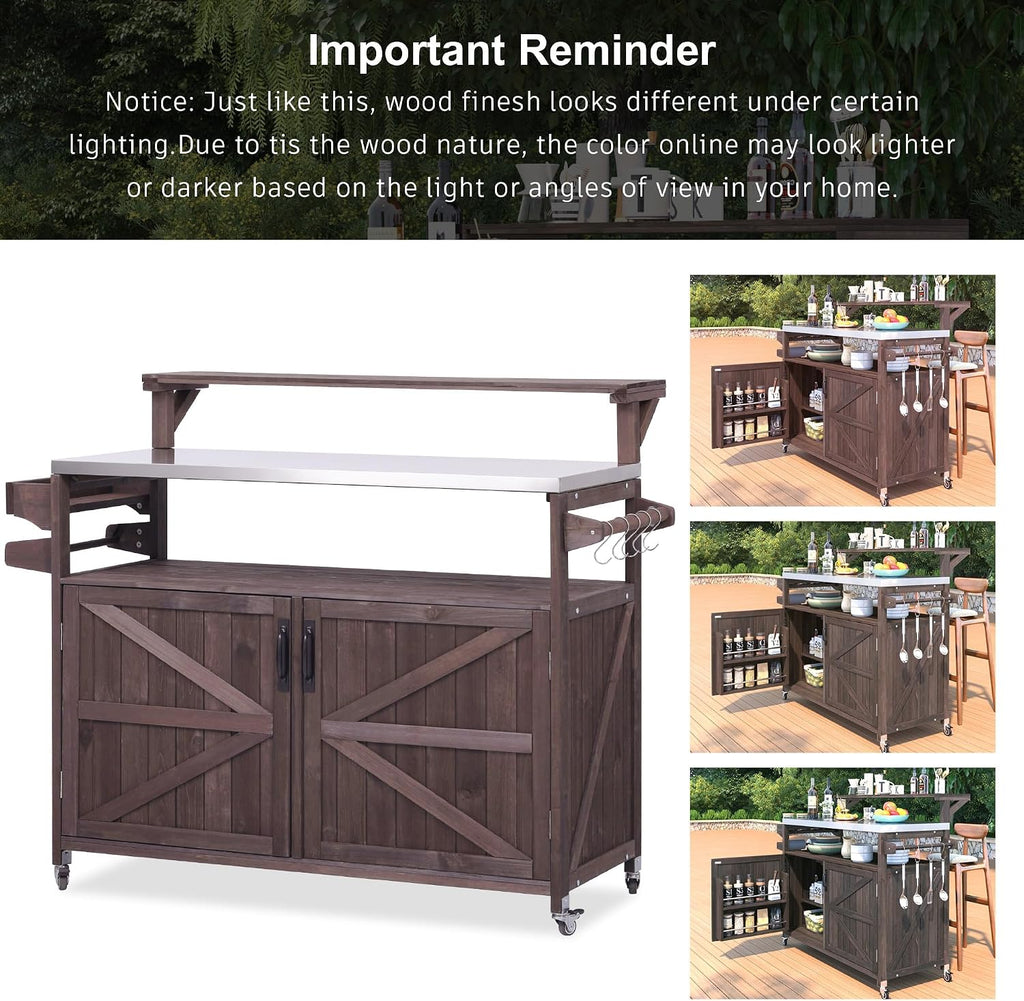 Farmhouse Outdoor Grill Bar Table with Stainless Steel Top and Raised Shelf, Solid Wood Outdoor Storage Cabinet Grill Cart with Adjustable Shelf, Outside Bar for Patio, Kitchen, BBQ, Brown