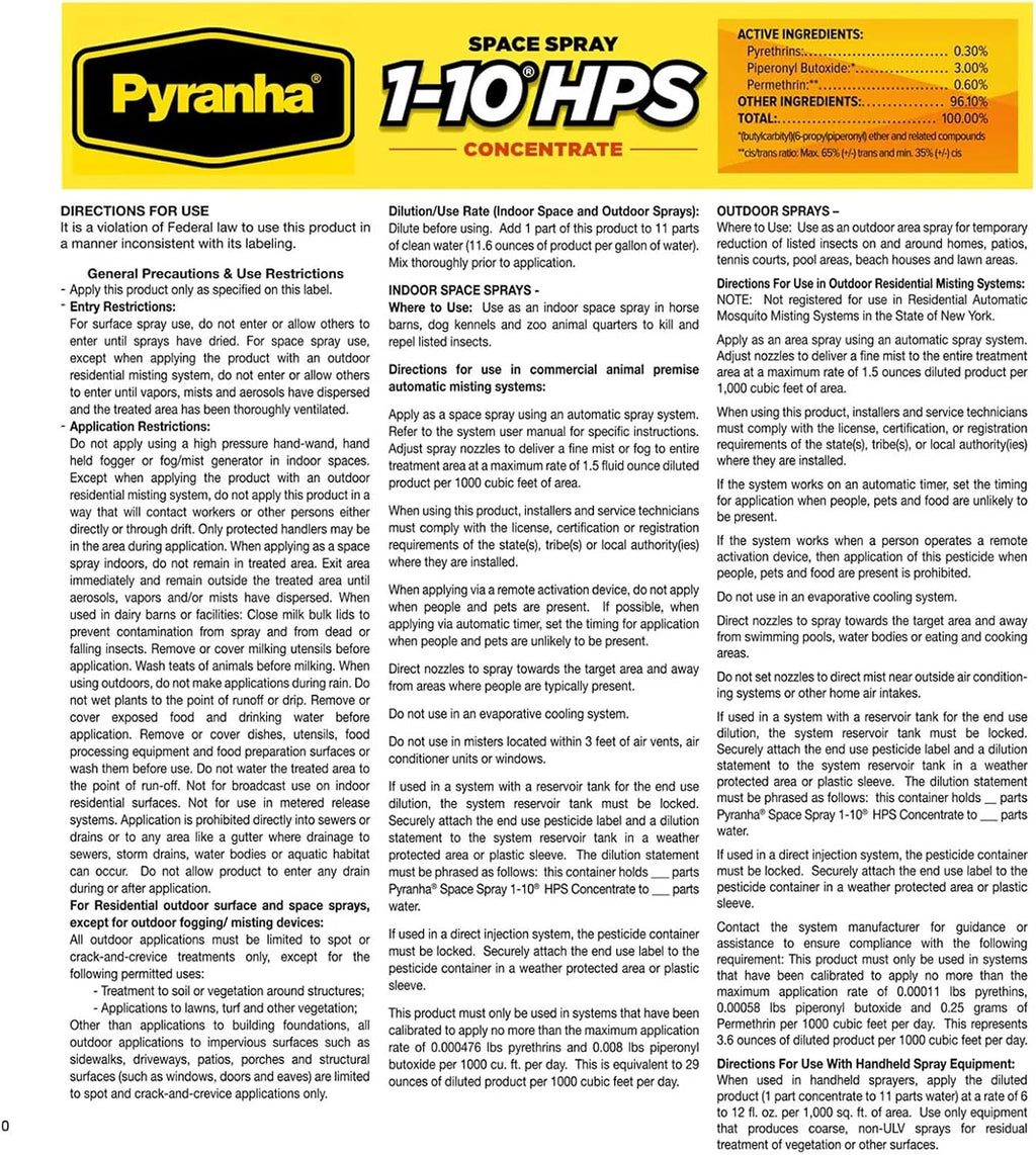 PYRANHA 1-10 HPS Concentrate Refill - 2.5 Gallon for 30 Gal Automatic Spray Systems Indoor Barn Fly Control | Repels Horn, Deer, Horse, Stable, & Face Flies, Midge