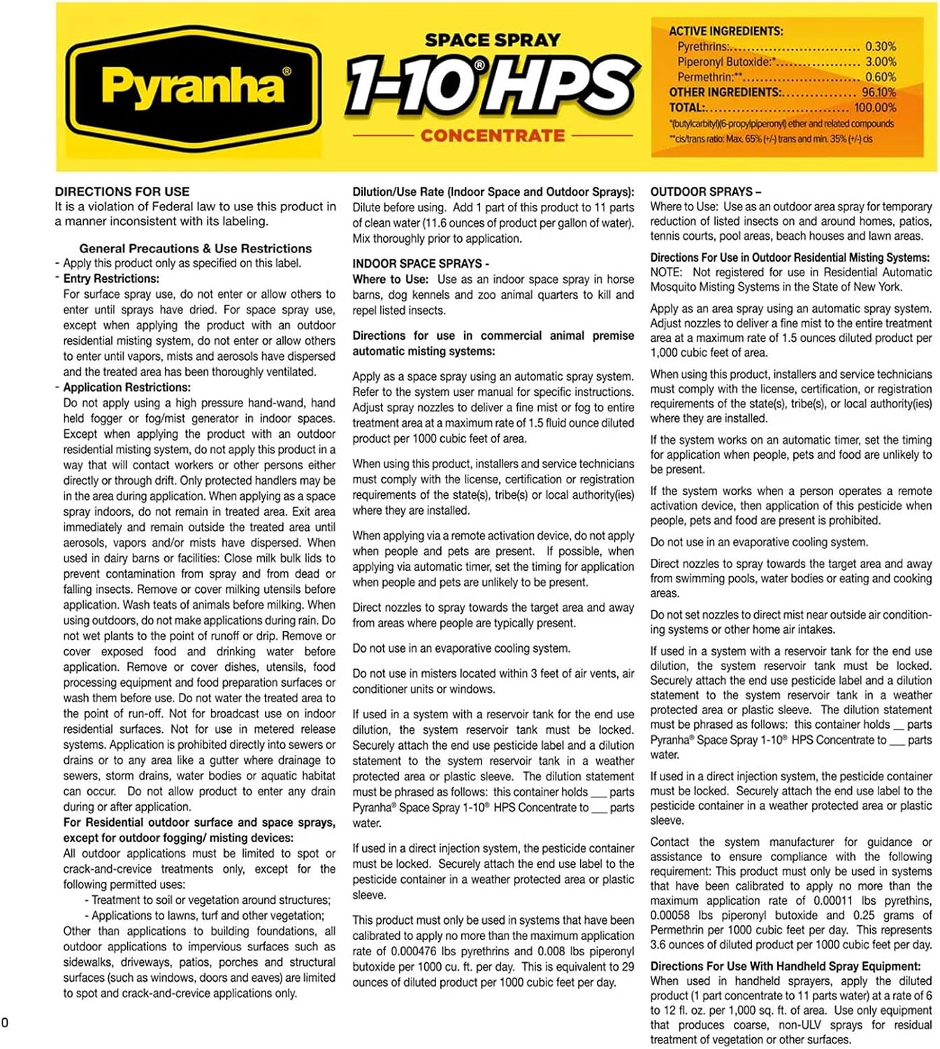 PYRANHA 1-10 HPS Concentrate Refill - 2.5 Gallon for 30 Gal Automatic Spray Systems Indoor Barn Fly Control | Repels Horn, Deer, Horse, Stable, & Face Flies, Midge