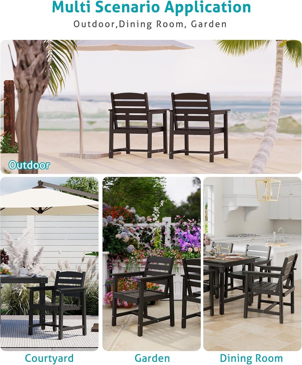 Anbuy Patio HDPE Dining Table Sets, Patio Dining Chairs Set of 2 - HDPE Outdoor Dining Chair for Various Scenes in Outdoor, Dining Room, Garden (Black)