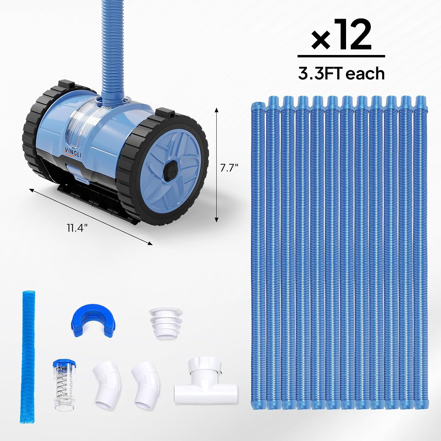 (2025 Upgrade) VINGLI Pool Vacuum Cleaner, Suction Side Wall-Climbing Sweeper for Ground&Inground Pools, Automatic Pool Vacuum with 39.6ft Tangle-Free Hose (Memory Blue&Gray)