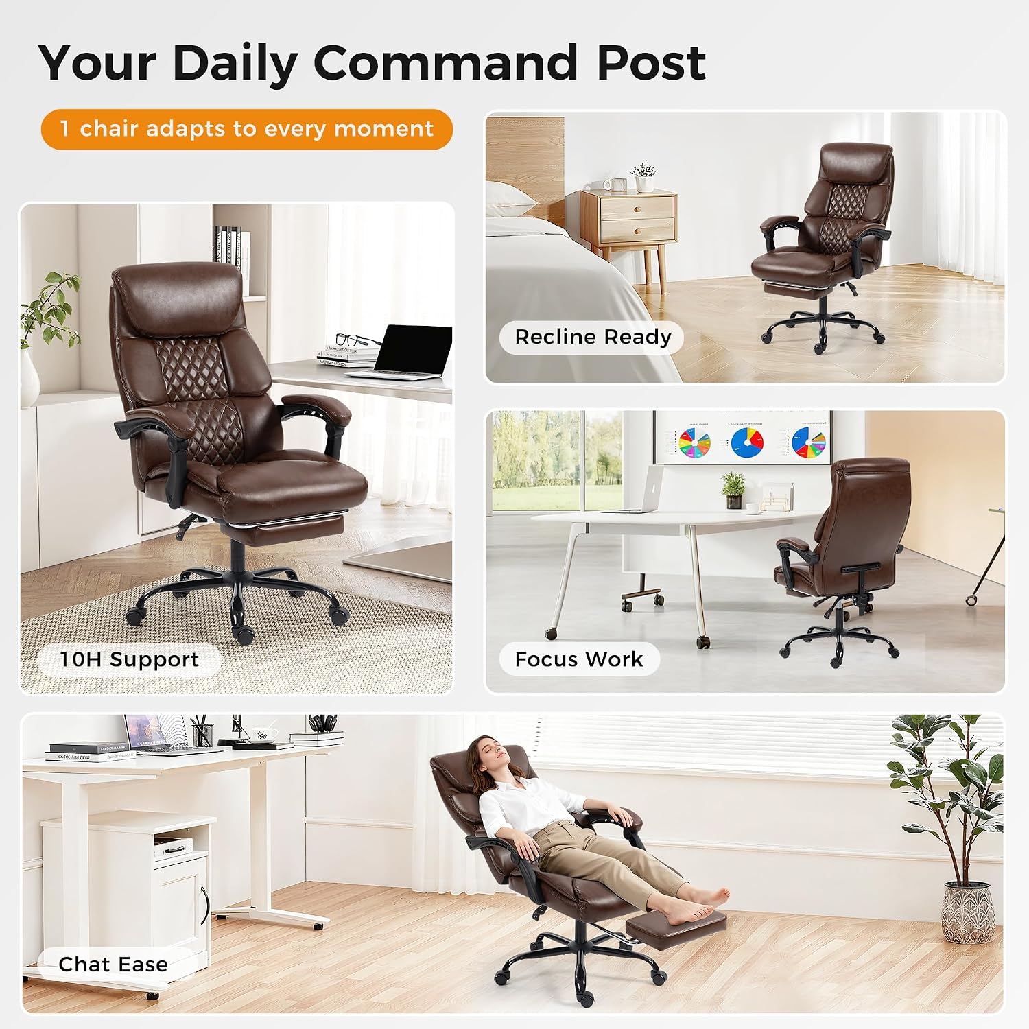 Office Chair, Executive High Back Leather Home Office Desk Chair with Footrest & Lumbar Support - Ergonomic Reclining Comfortable Wide Swivel Rolling Gaming Computer Chair 90-135° Adjustable Tilt Lock