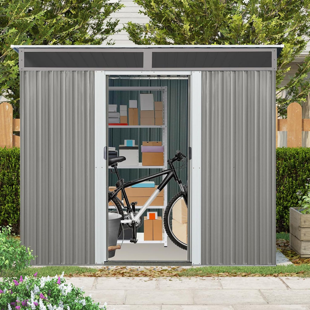 JT 8X6FT Outdoor Storage Shed, Galvanized Metal Garden Shed with Window and Metal Foundation, Tool Storage Shed for Patio Lawn Backyard (Gray-with The window-8ftx6ft)