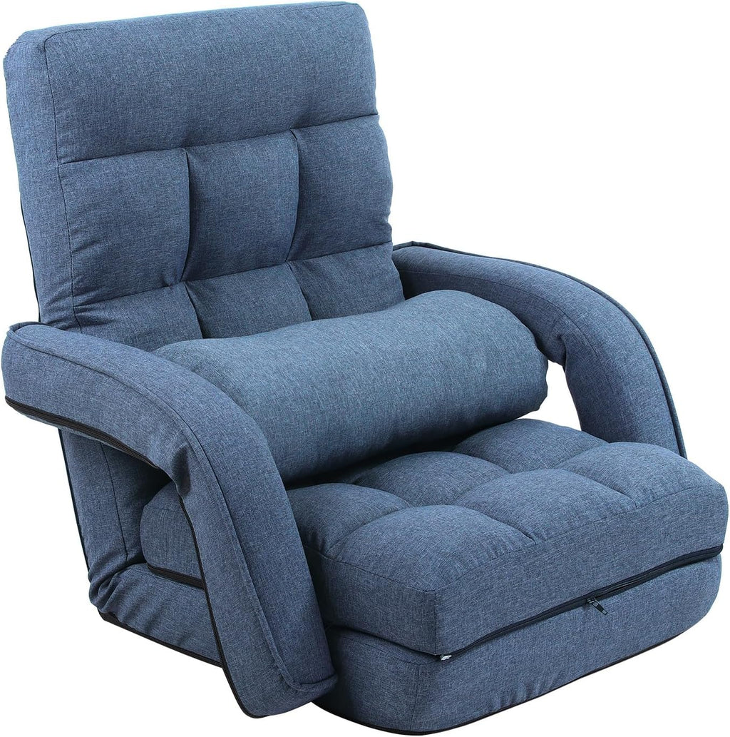 42-Position Adjustable Floor Chair, Chaise Lounge Indoor, Folding Lazy Sofa with Armrests and a Pillow Padded Adults Gaming Chairs for Living Room, Bedroom Factory Price, 8803XM (Blue)