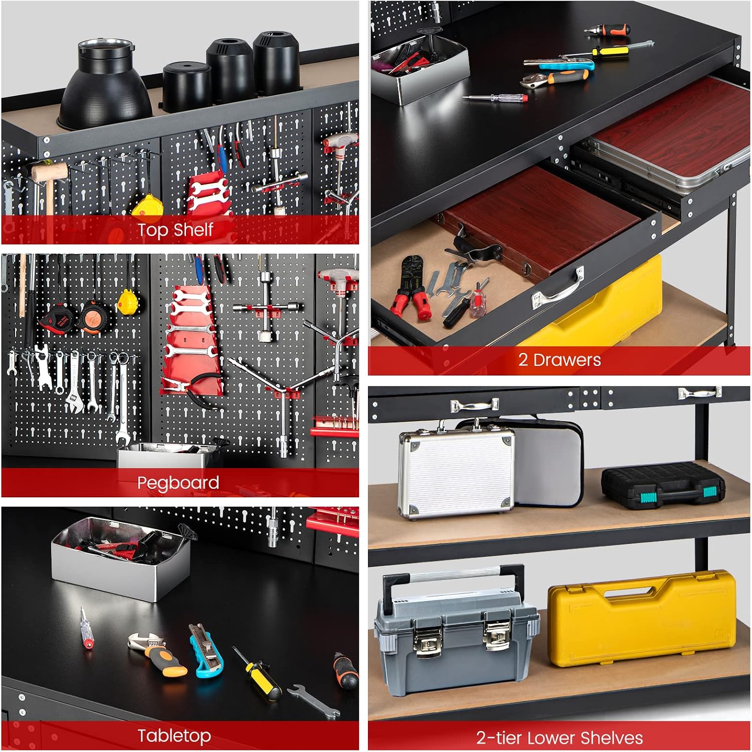 Goplus Work Bench with Storage, 48' x 24' Work Table with Pegboard, 2 Drawers, Hanging Accessories, Topping Space, 4-Tier Heavy Duty Metal Tool Storage Bench, Workbench for Garage, Workshop
