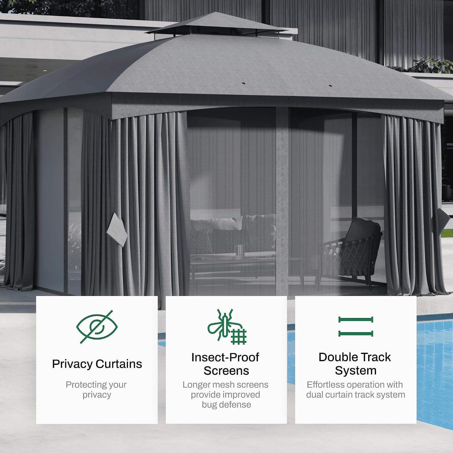 Florise Heavy Duty Gazebo, 11 x 13 Ft Outdoor Patio Pavilion with Galvanized Steel Metal Frame and Double Roof, Curtain and Netting Included, for Outside, Garden, Yard & Lawn