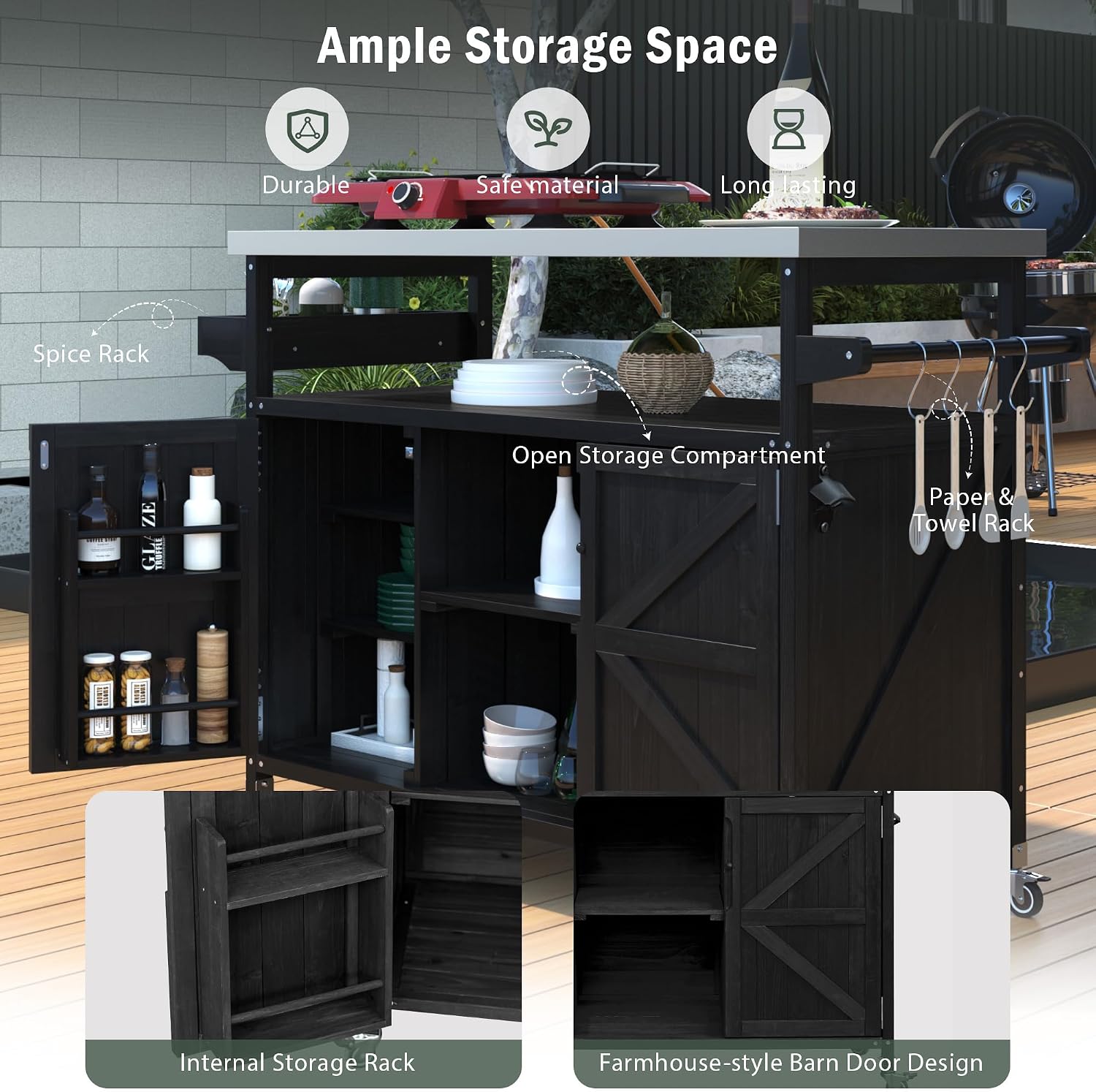 LUMISOL Outdoor Grill Table with Stainless Steel Top, Solid Wood Kitchen Island with Internal Storage Rack, Outdoor Storage Cabinet, Farmhouse Rolling Bar Cart with Spice & Towel Rack, Black
