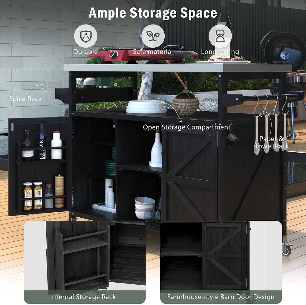 Outdoor Grill Carts for Patio Graden BBQ with Storage Cabinet, Home Rolling Kitchen Island Bar Cart with Stainless Steel Top, Food Prep Table with Shelves, Spice Rack & Towel Holder (Black)