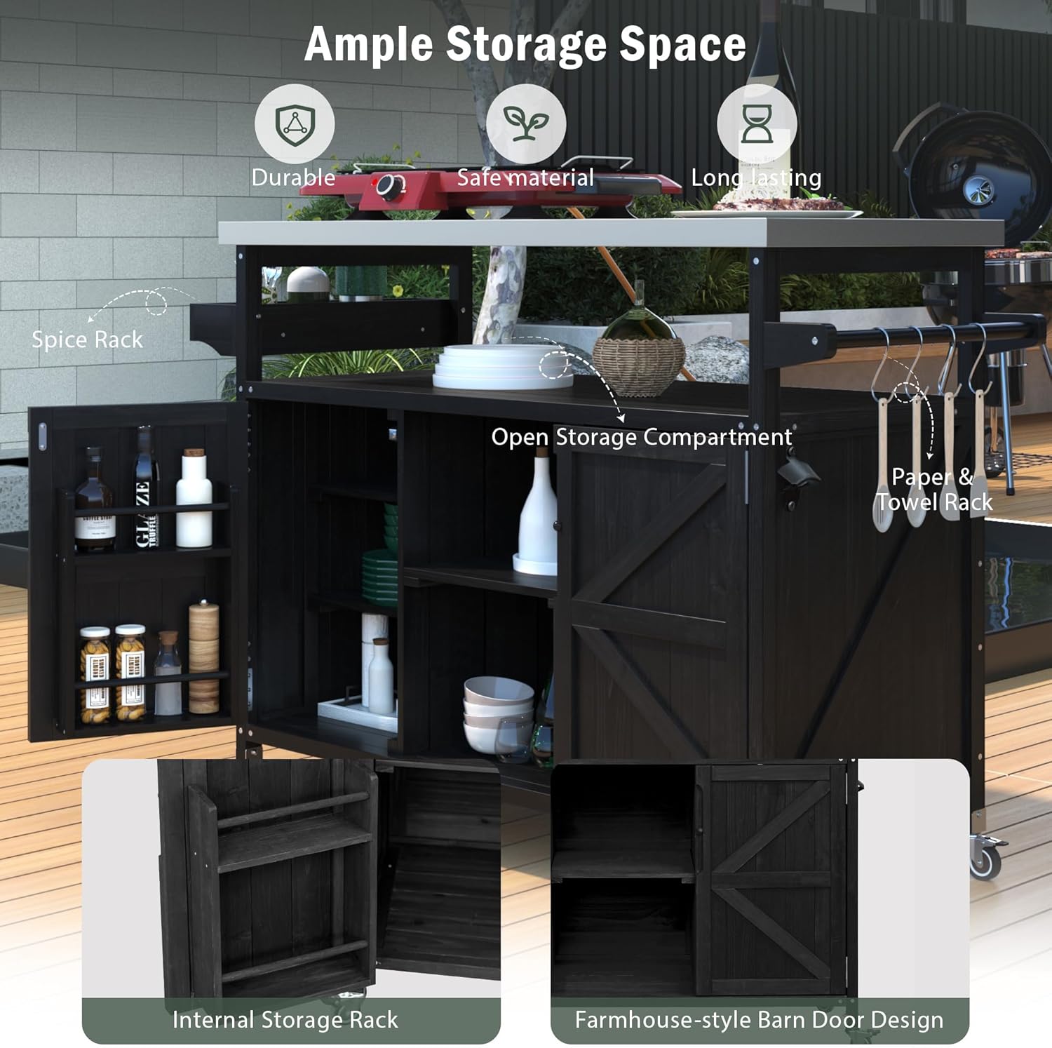 Outdoor Grill Cart with Storage, Farmhouse Outdoor Storage Cabinet with Stainless Steel Top, Wood Bar Patio Kitchen Island with Spice Rack, Towel Holder, Hooks & Locking Wheels for Patio BBQ(Black)