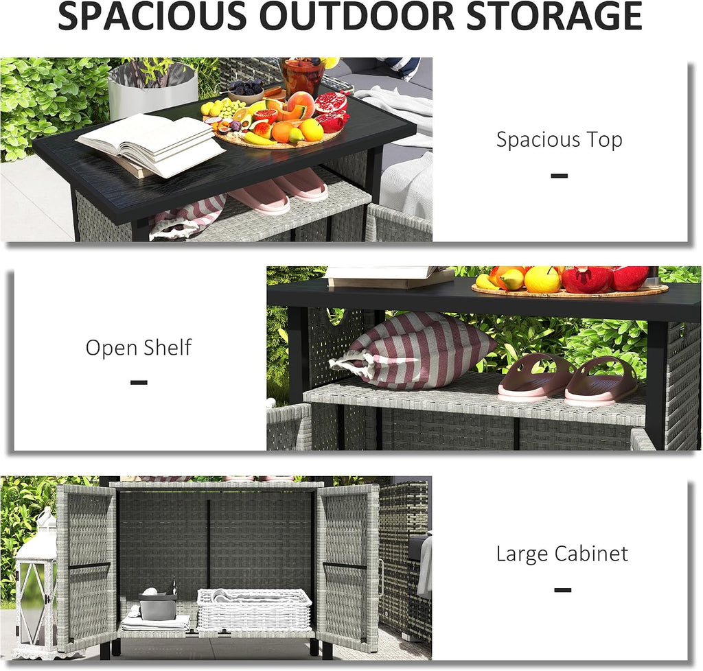 Outsunny Outdoor Pool Towel Storage Cabinet Organizer, Outdoor Bar Table with Shelf and Cabinet, Pool Towel Holder Pool Valet with Weather-Resistant PE Rattan and Steel Frame, Gray