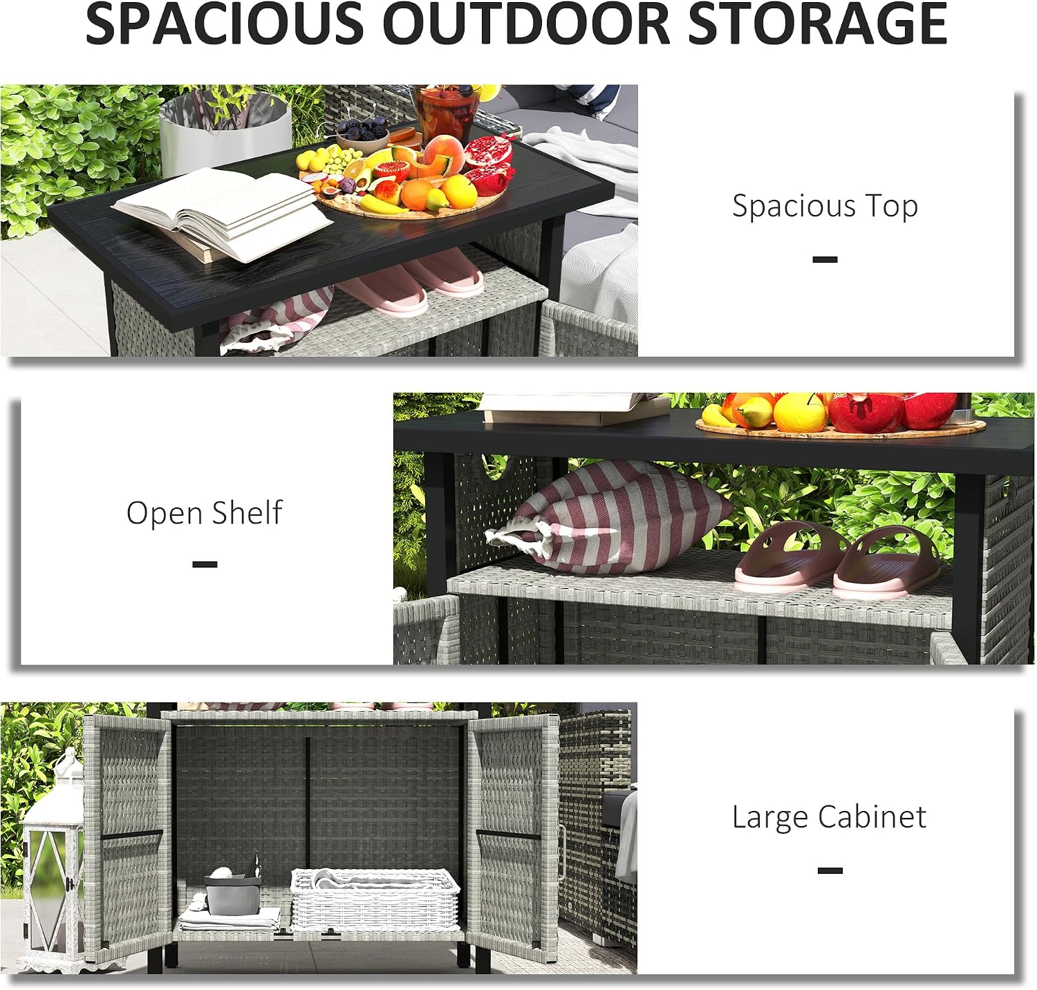 Outsunny Outdoor Pool Towel Storage Cabinet Organizer, Outdoor Bar Table with Shelf and Cabinet, Pool Towel Holder Pool Valet with Weather-Resistant PE Rattan and Steel Frame, Gray