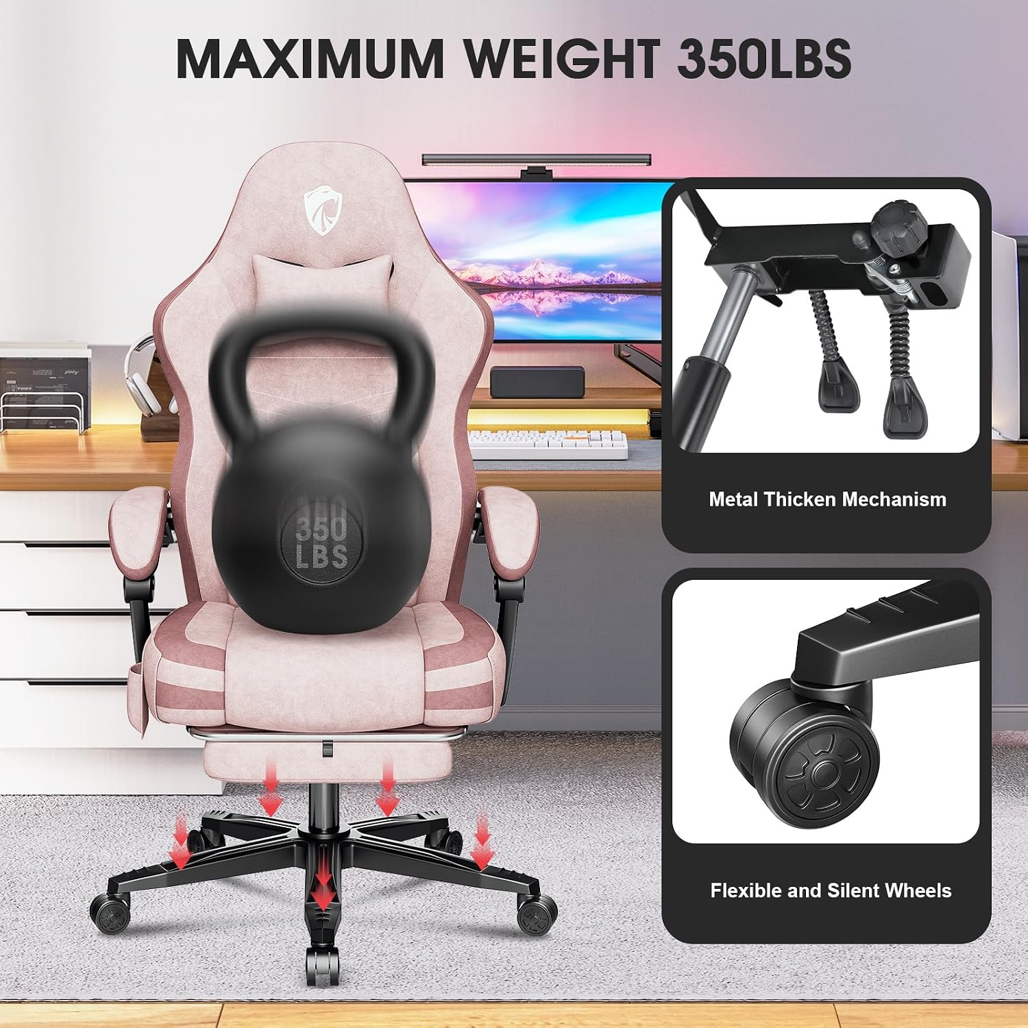 Gaming Chair, Fabric Computer Office Chair with Massage, Ergonomic Chair with Footrest Lumbar Support, Pocket Spring Widened Cushion Metal Legs 350LBS Pink