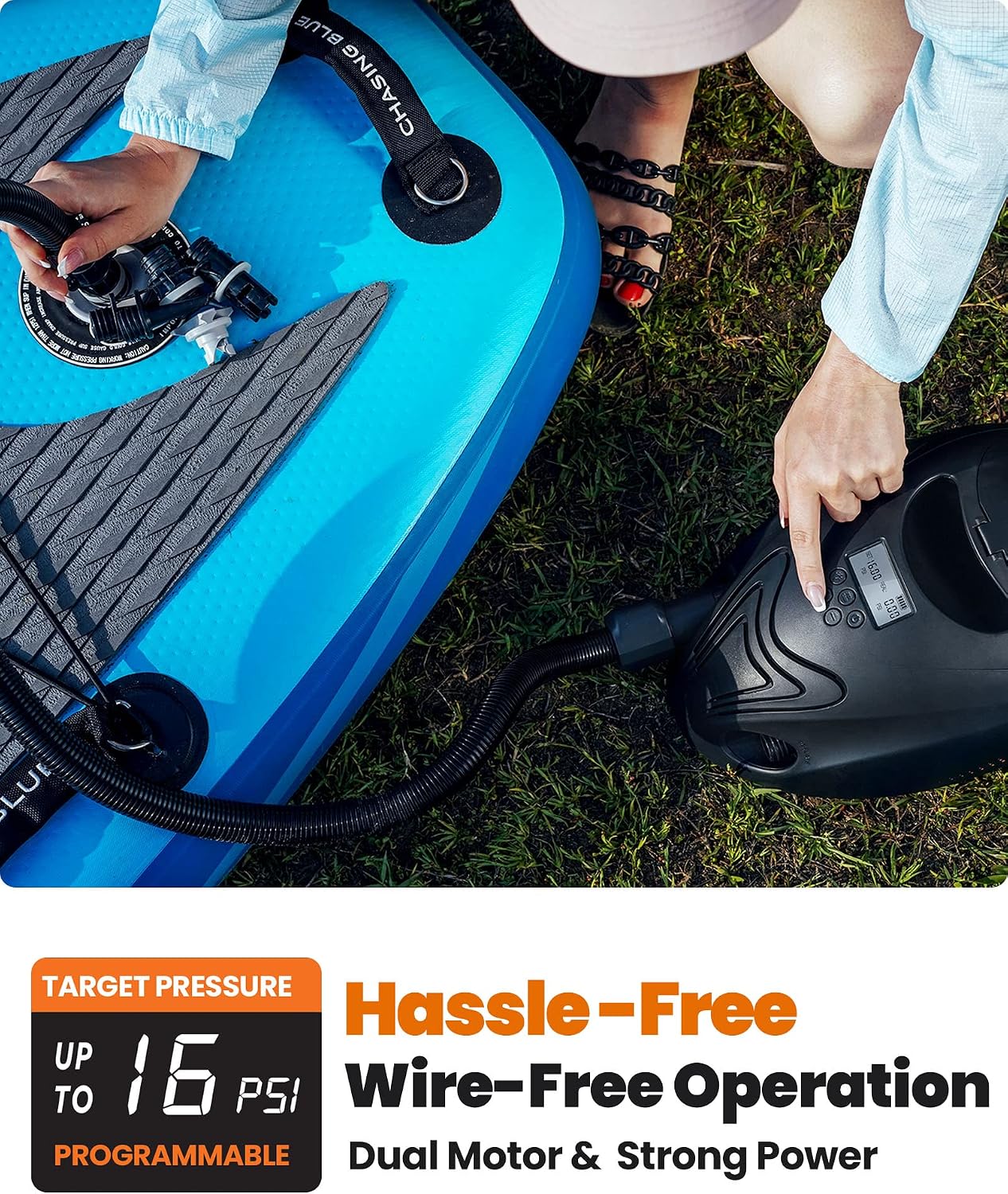 OutdoorMaster 16PSI High Pressure SUP Air Pump with Rechargeable Battery The Whale - Intelligent Dual Stage Inflation & Auto-Off Feature and Deflation Function for Inflatable Stand Up Paddle Boards