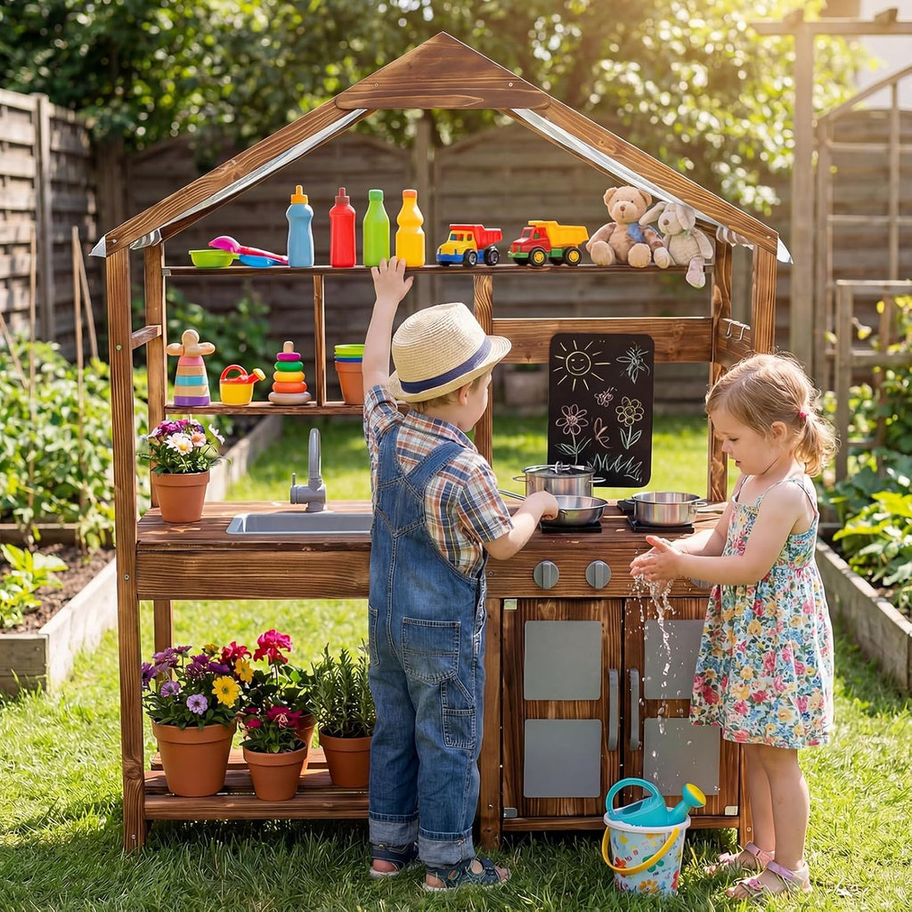 Costzon Mud Kitchen for Kids Outdoor, Wooden Pretend Play Kitchen w/Canopy, Chalkboard, Stove, Removable Sink, Cooking Accessories & Storage, Montessori Toy for Preschool, Backyard, Garden (3+ Years)