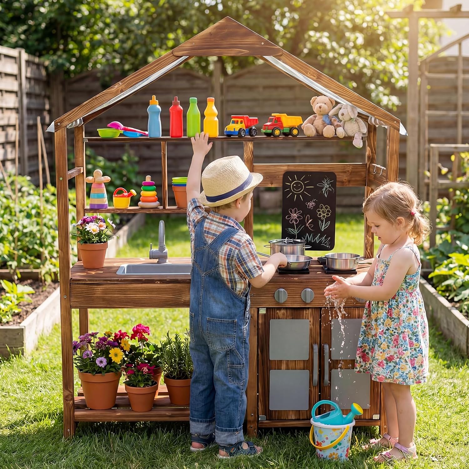 Costzon Mud Kitchen for Kids Outdoor, Wooden Pretend Play Kitchen w/Canopy, Chalkboard, Stove, Removable Sink, Cooking Accessories & Storage, Montessori Toy for Preschool, Backyard, Garden (3+ Years)