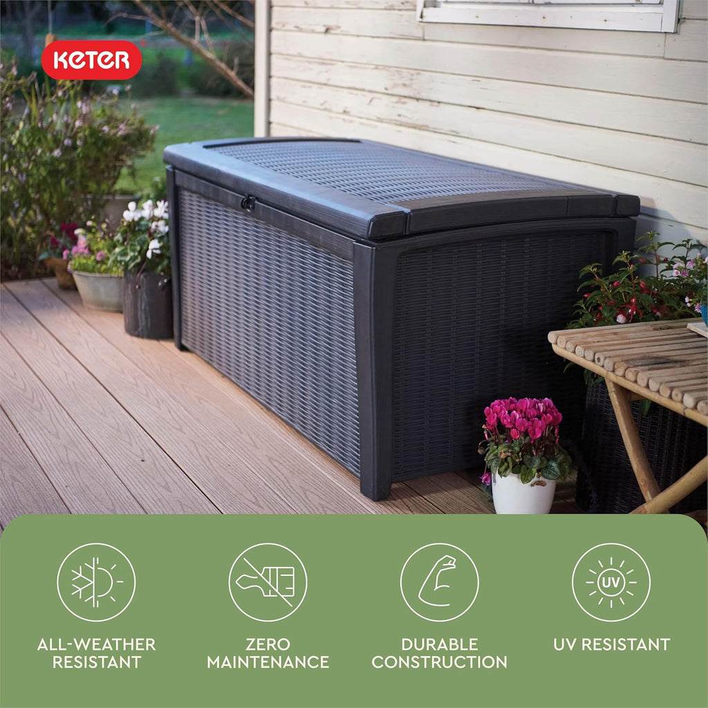 Keter Outdoor Storage Deck Box for Patio, Backyard & Garden, Borneo, 110 Gal, Grey - Lockable, Organizing, and Waterproof Plastic Container Bench