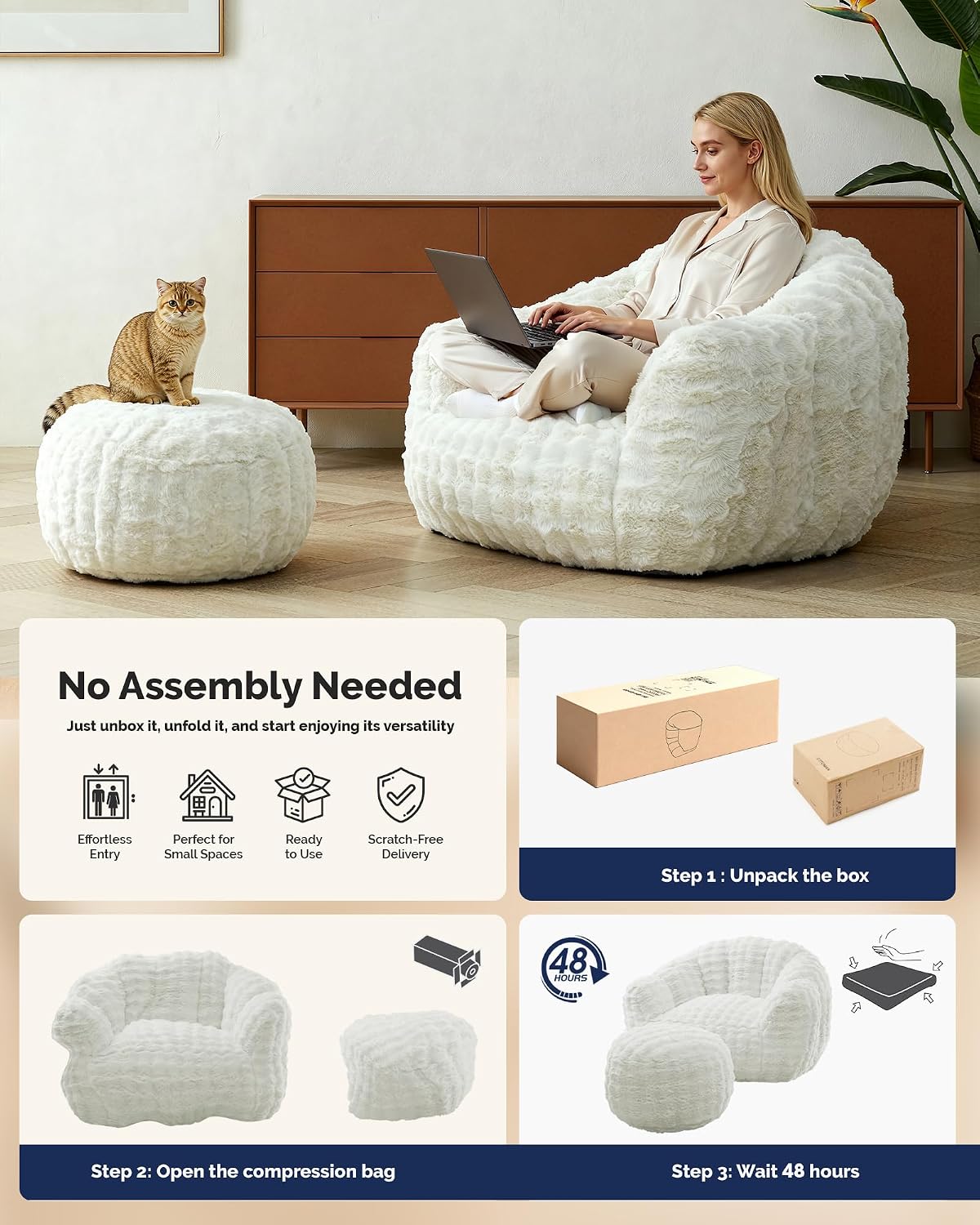KINGYES Giant Bean Bag Chair with Ottoman, 3 in 1 Bean Bag Couch with Memory Foam Filler,Gaming Chair for Adults, Bean Bag for Kids & Teen, Beige