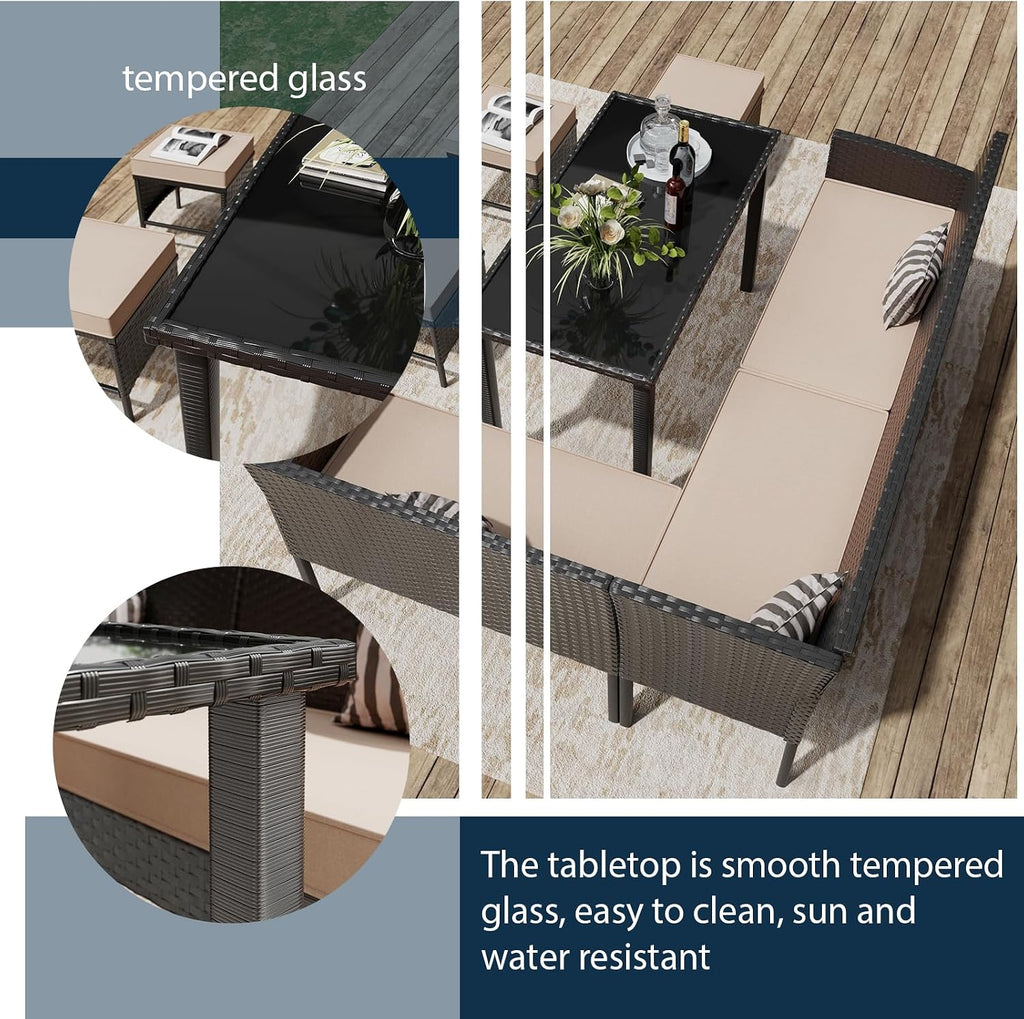 7 Piece Outdoor Dining Set, Patio Furniture with Cushions & 3 Pillows, Conversation Wicker Sectional Sofa Set with Long Glass Coffee Table for Garden, Porch, Lawn, Khaki