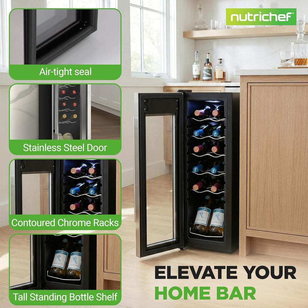 Nutrichef 12 Bottle Stainless Steel Slim Wine Fridge | Red & White Wine Chiller | Adjustable Temperature Control, Ultra Quiet Operation & Energy Efficient | Mini Wine Cooler Refrigerator | 31x10x17 IN