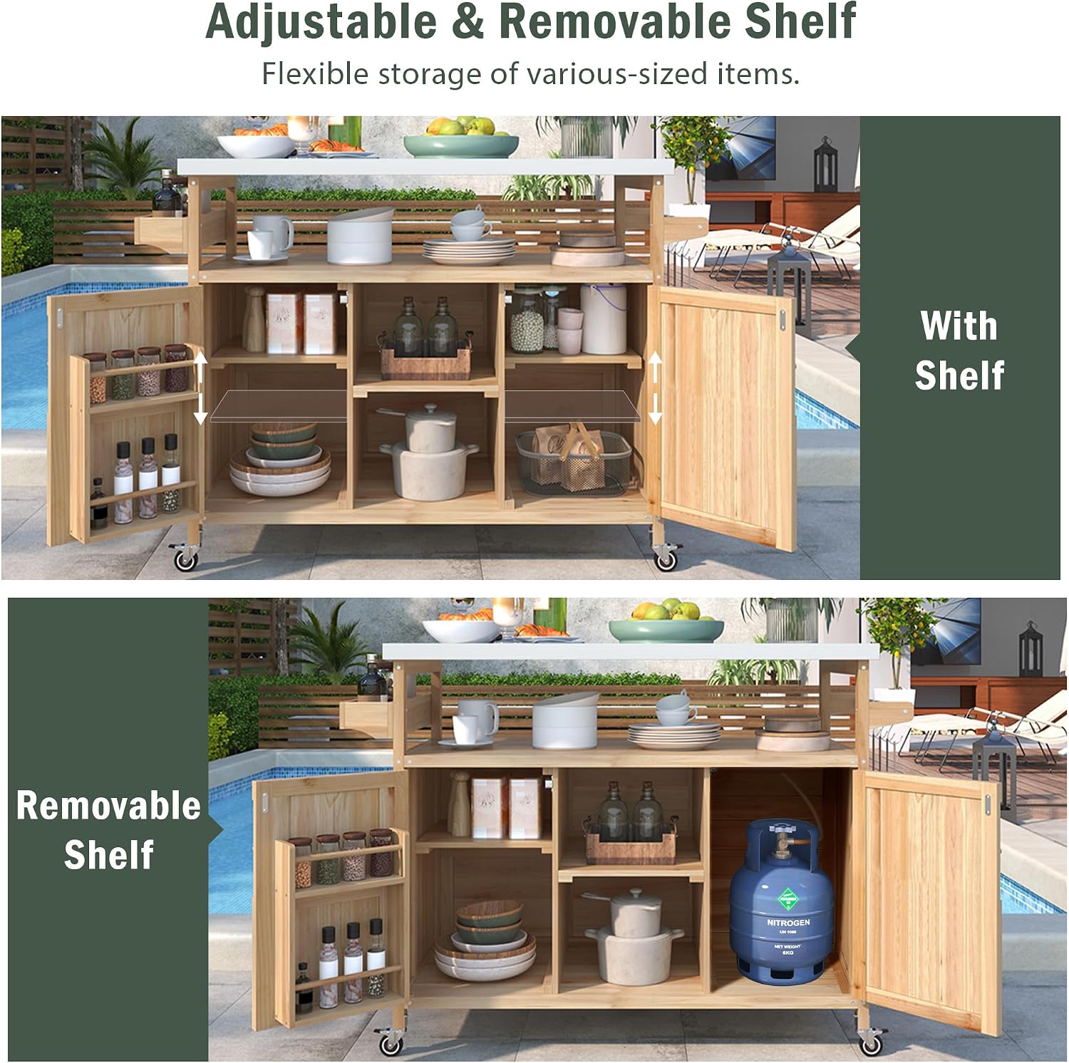 Outdoor Grill Cart with Storage, Farmhouse Outdoor Storage Cabinet with Stainless Steel Top, Wood Bar Patio Kitchen Island with Spice Rack, Towel Holder, Hooks & Locking Wheels for Patio BBQ(Wood)