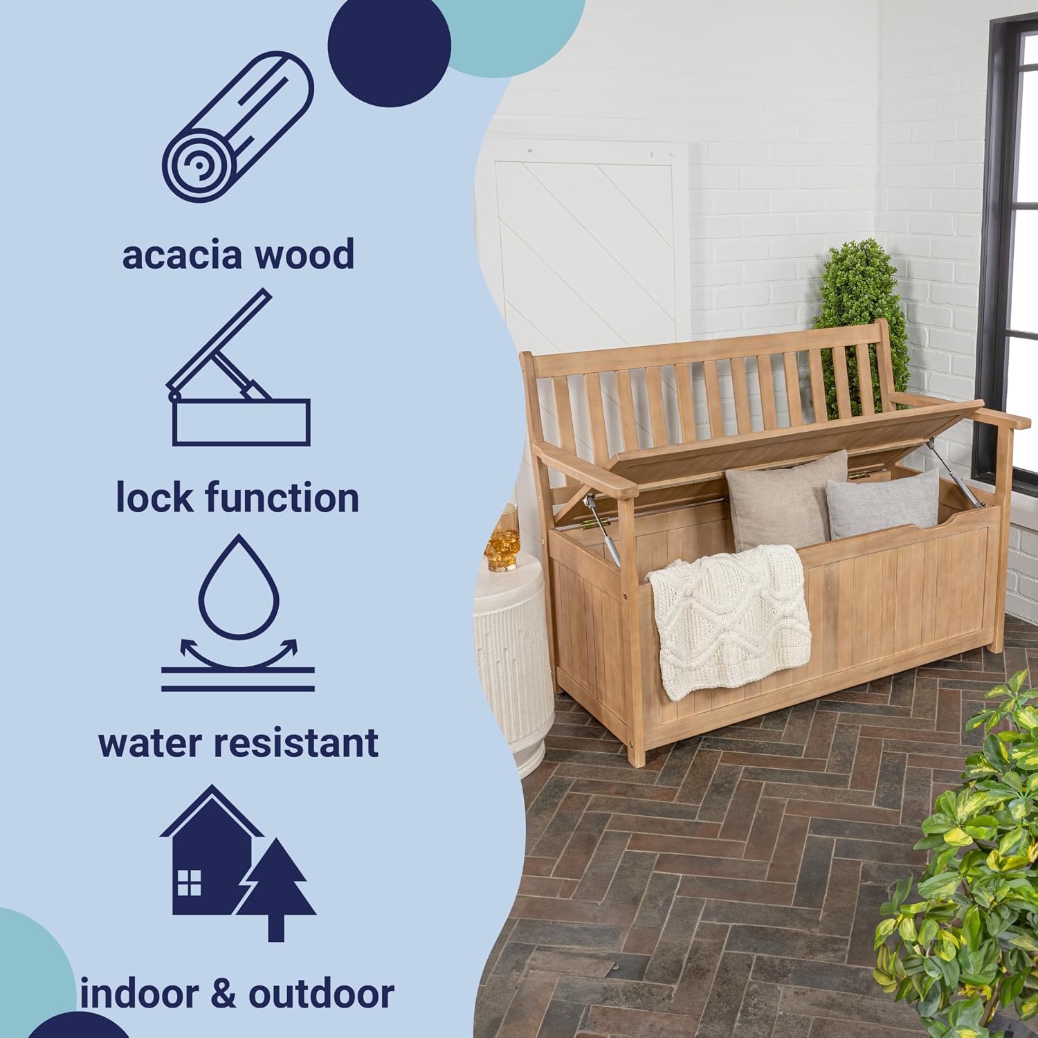 happimess STB1000A Sophie 48' Traditional Farmhouse Lift-Top Acacia Wood Storage & Entry Bench, Light Teak Matte Finish, with Seating & Armrest for Patio, Garden, Porch, Backyard, Poolside
