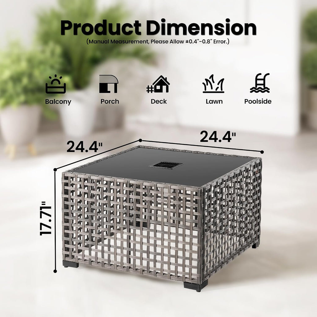ovios Outdoor Side Table with Tempered Glass Top, Patio Wicker Rattan Solar Lights Tables for All-Weather Porch Deck Balcony Garden Poolside (Grey-Medium Size)