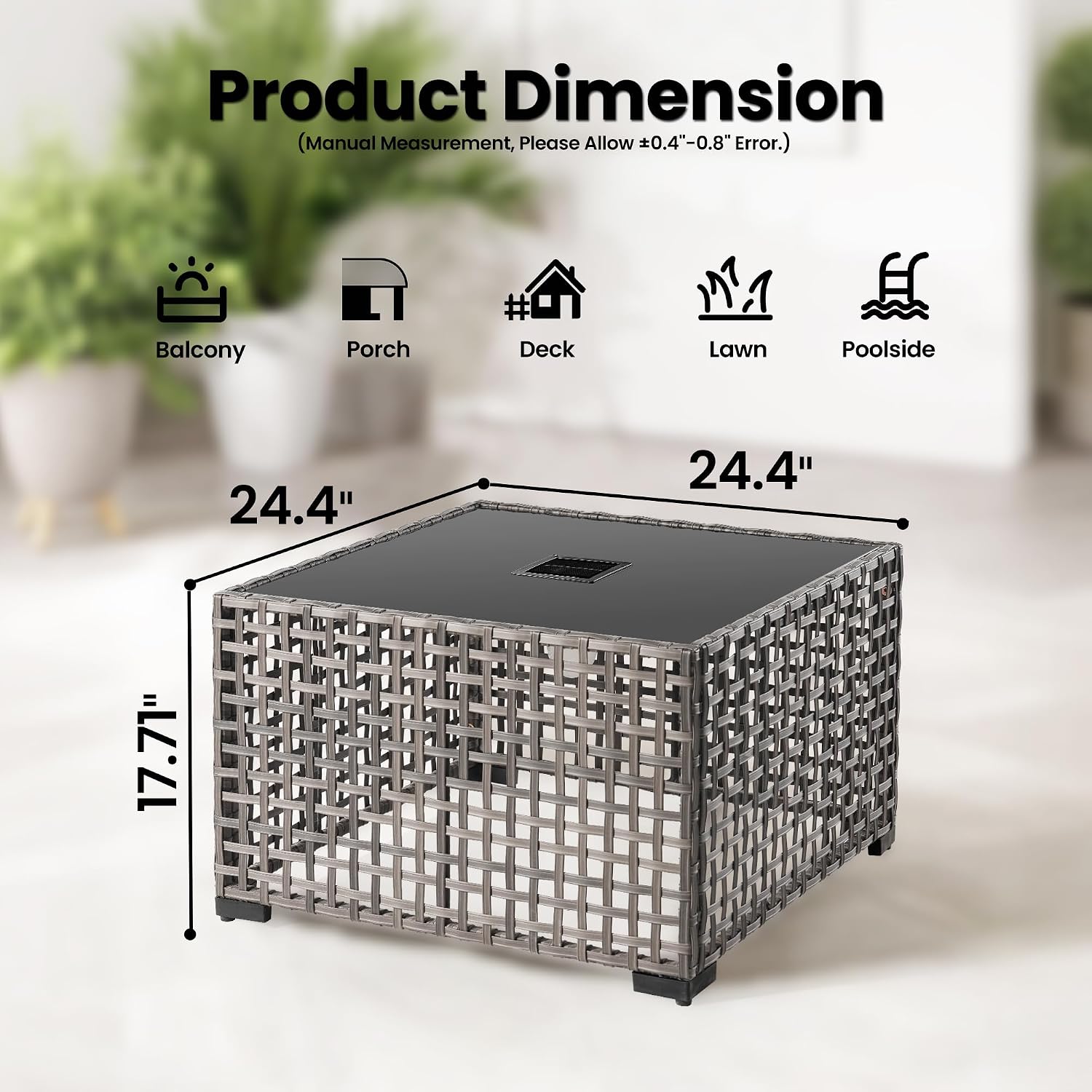 ovios Outdoor Side Table with Tempered Glass Top, Patio Wicker Rattan Solar Lights Tables for All-Weather Porch Deck Balcony Garden Poolside (Grey-Medium Size)