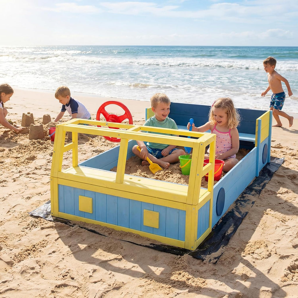 Costzon Sandbox, Fir Wood Car-Theme Sand Pit with Bottom Liner, Rotatable Rudder & Bench Seat for Kids Aged 18+ Months, Outdoor Playset for Backyard, Beach and Patio (Blue, Yellow)