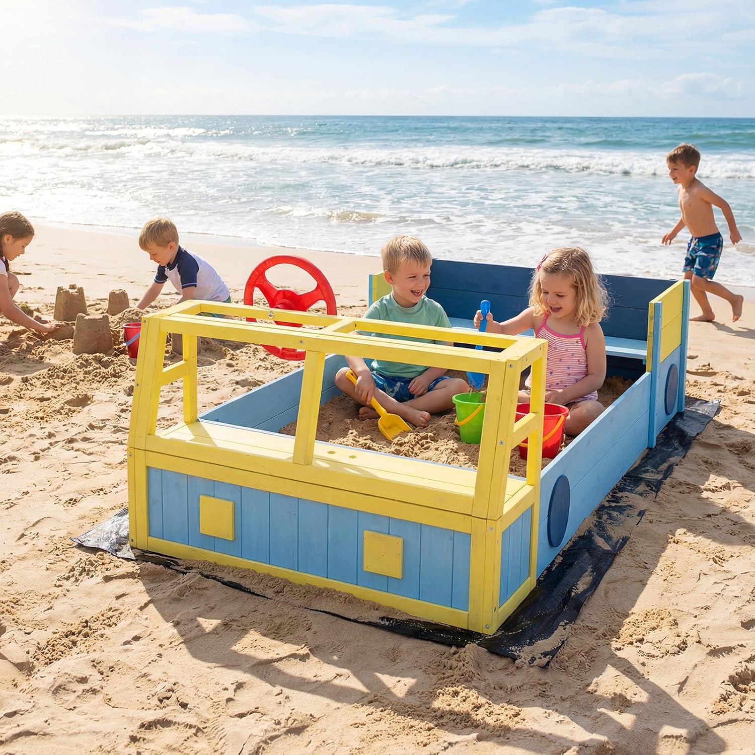 Costzon Sandbox, Fir Wood Car-Theme Sand Pit with Bottom Liner, Rotatable Rudder & Bench Seat for Kids Aged 18+ Months, Outdoor Playset for Backyard, Beach and Patio (Blue, Yellow)