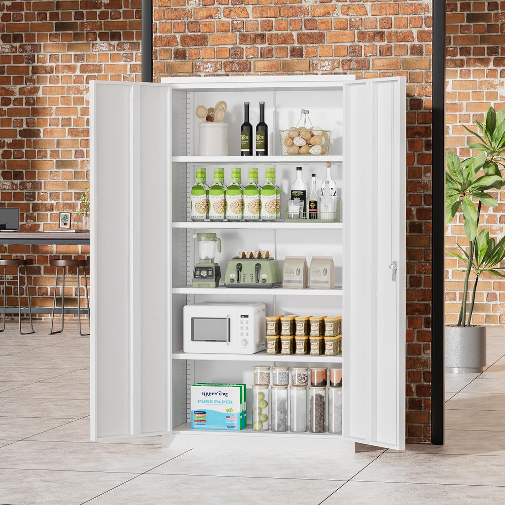 Greenvelly Metal Storage Cabinet, 72' Locking Metal Garage Storage Cabinet with Doors and 4 Adjustable Shelves, Lockable Steel Cabinets for Home Office, Garage, Shop, School (White 36' W x 18' D)