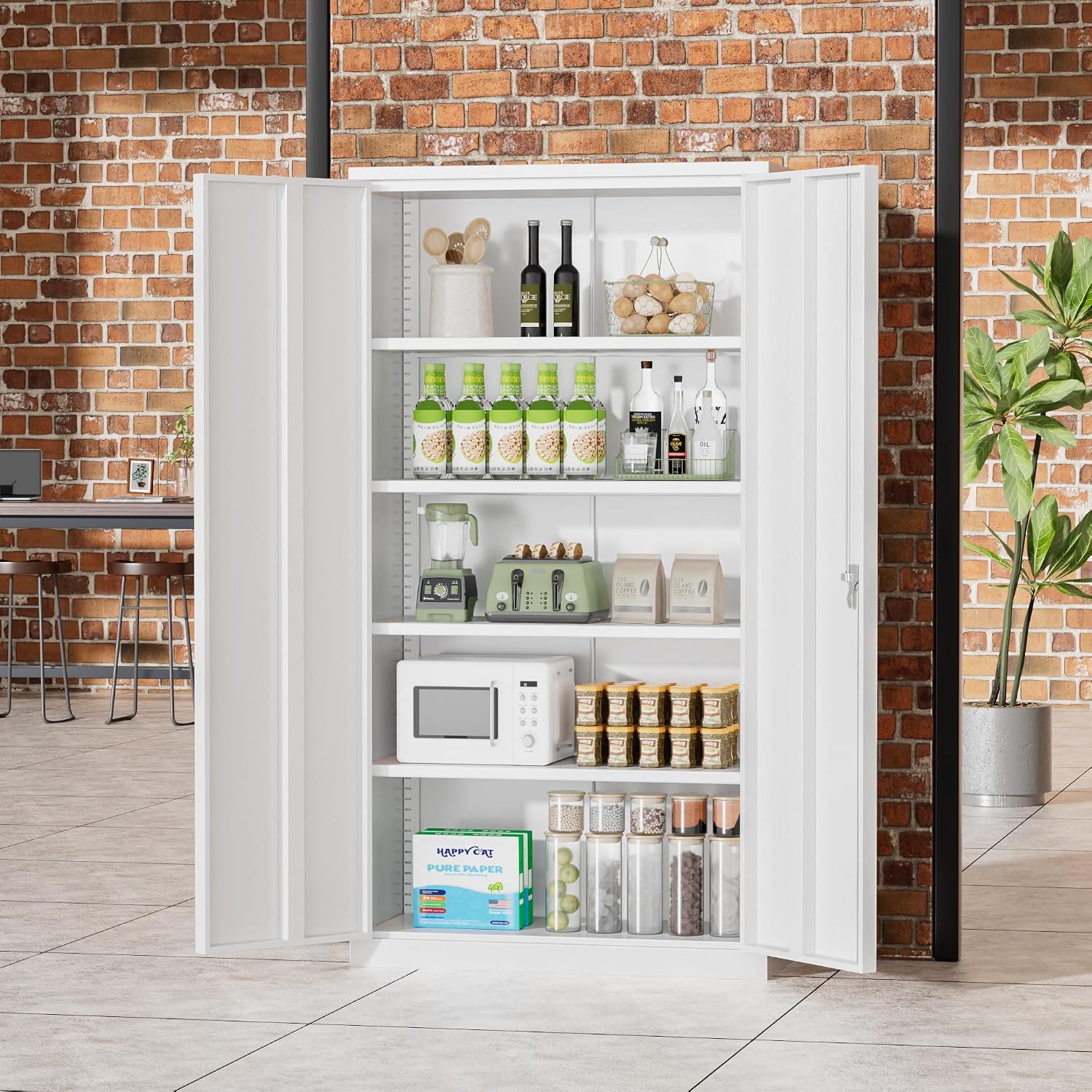 Greenvelly Metal Storage Cabinet, 72' Locking Metal Garage Storage Cabinet with Doors and 4 Adjustable Shelves, Lockable Steel Cabinets for Home Office, Garage, Shop, School (White 36' W x 18' D)