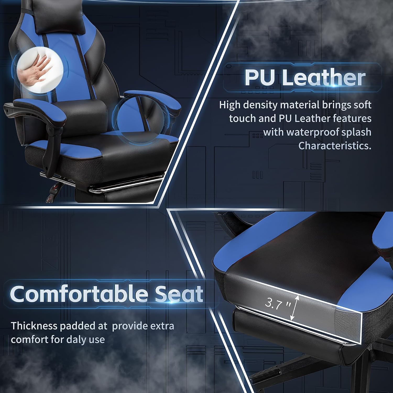 SUNLEI Gaming Chair for Adults, Ergonomic PU Leather Office Chair with Headrest & Footrest, Video Game Chairs with Massage Lumbar Support, Height Adjustable Computer Chair with 360° Swivel, Blue