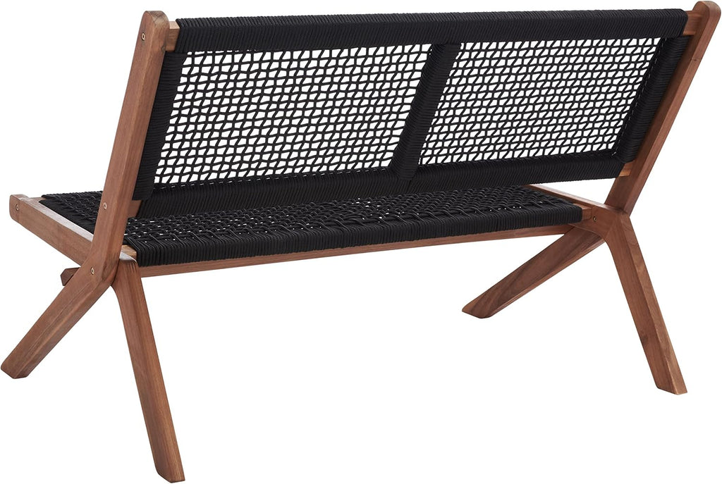 SAFAVIEH Outdoor - Kobina Folding Bench - Natural & Black - Solid Wood and Rope - Modern Sculpted Folding Design - Ideal for Patio, Deck, Porch, Backyard, 13.8' Seat Height (PAT7304E)