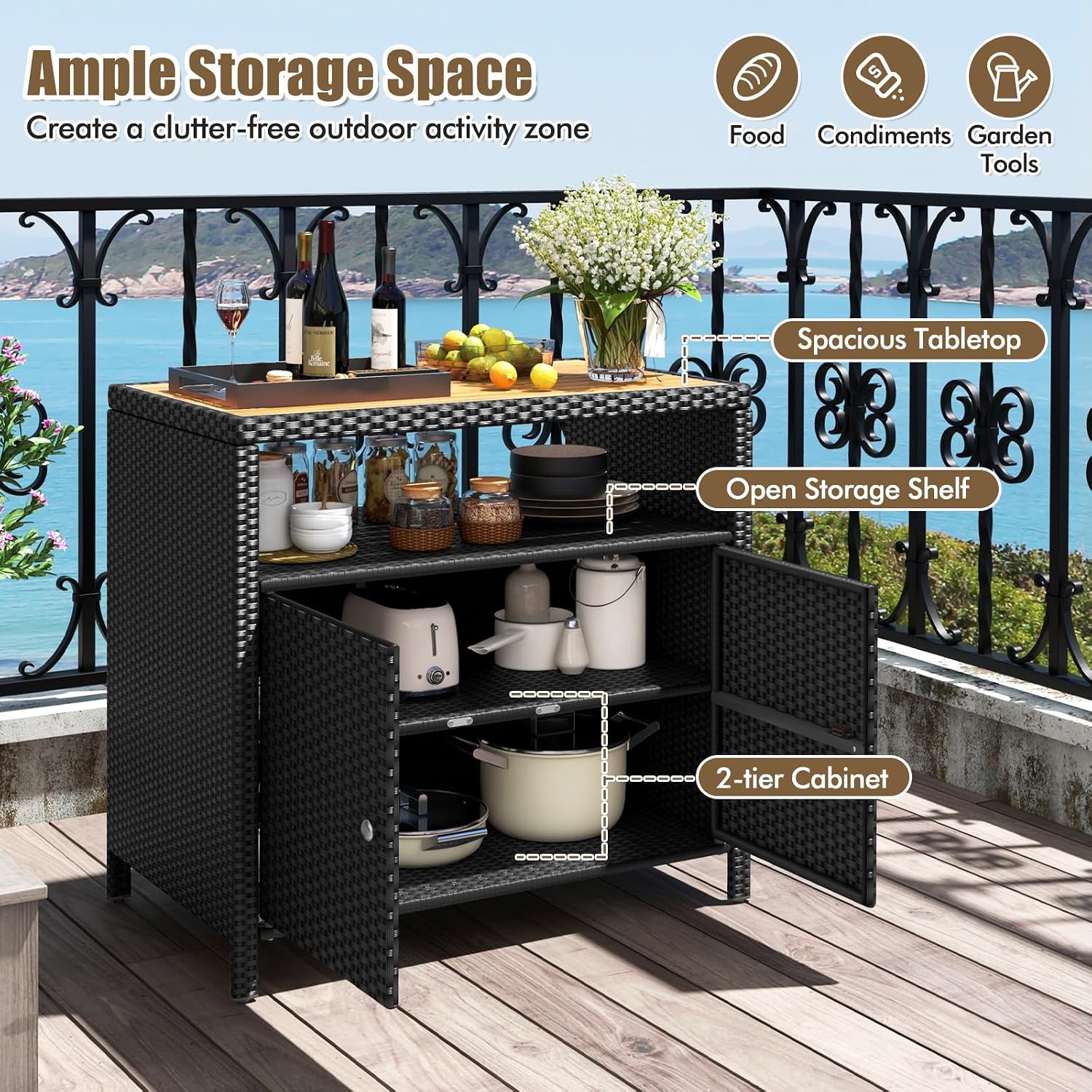 HAPPYGRILL Rattan Storage Cabinet, Patio Sideboard Buffet Cabinet with Acacia Wood Countertop, Open Shelf & 2 Door Cabinet, Wicker Storage Organizer for Garden Tools (Black)