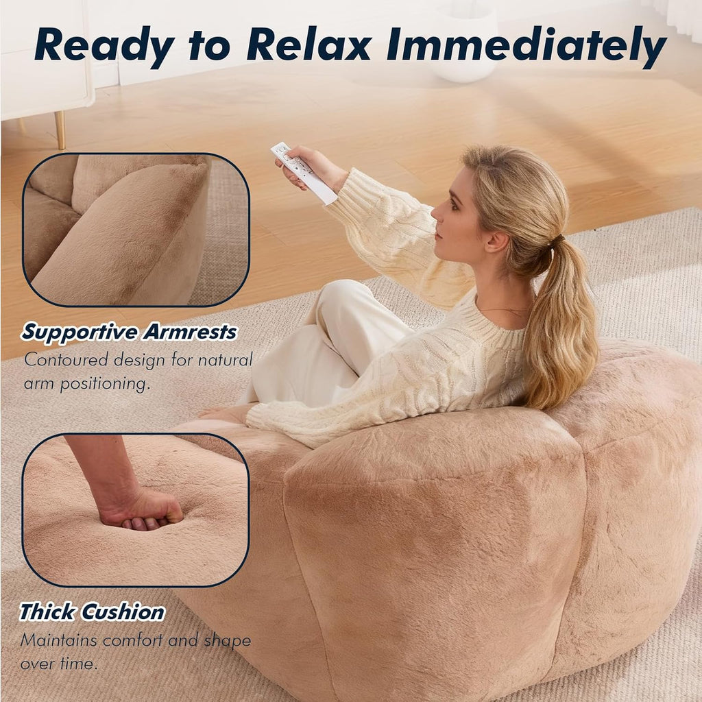 3.28 Feet Bean Bag Chair for Adults, Shell-Shaped Bean Bag Lazy Couch, Faux Fur Cloud Sofa Chair, Lounge Floor Sofa with Filler for Reading, Gaming & Watching, No Assembly Required (Camel)