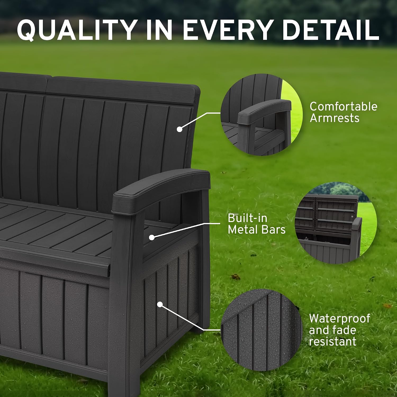 EconoHome 3 Seat Outdoor Storage Bench with Rain Cover - 90 Gallon Capacity - Weatherproof Resin Bench for Patio, Porch, Garden, Yard, Pool Area - Furniture for Pool Accessories, Gardening Tools