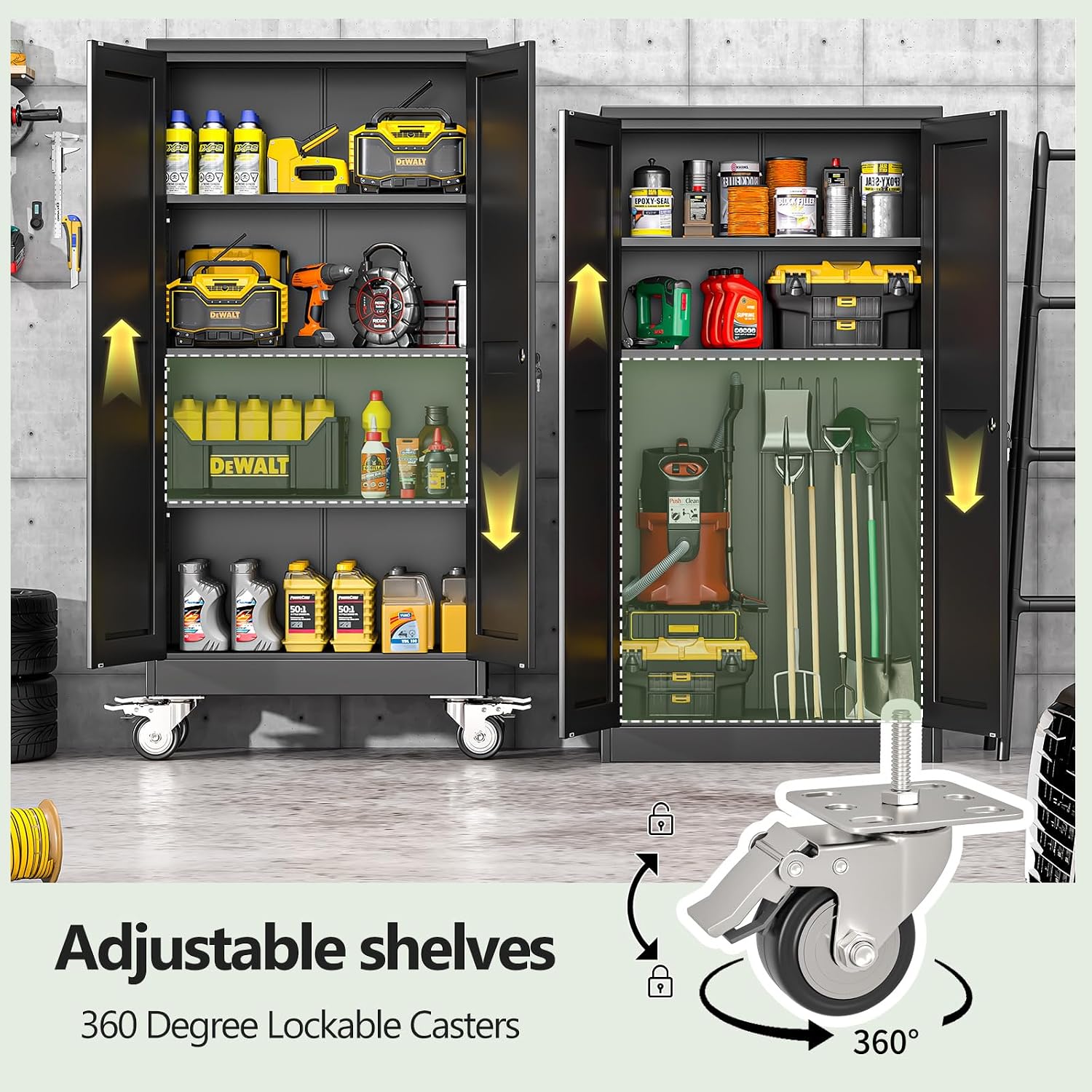 Metal Garage Storage Cabinets and storage system, 61'Tall Rolling utility cabinet with Wheels, Lock, 3 Adjustable Shelves, Heavy Duty Steel Tool Locker for Home Office, Utility Room, Gym,Black