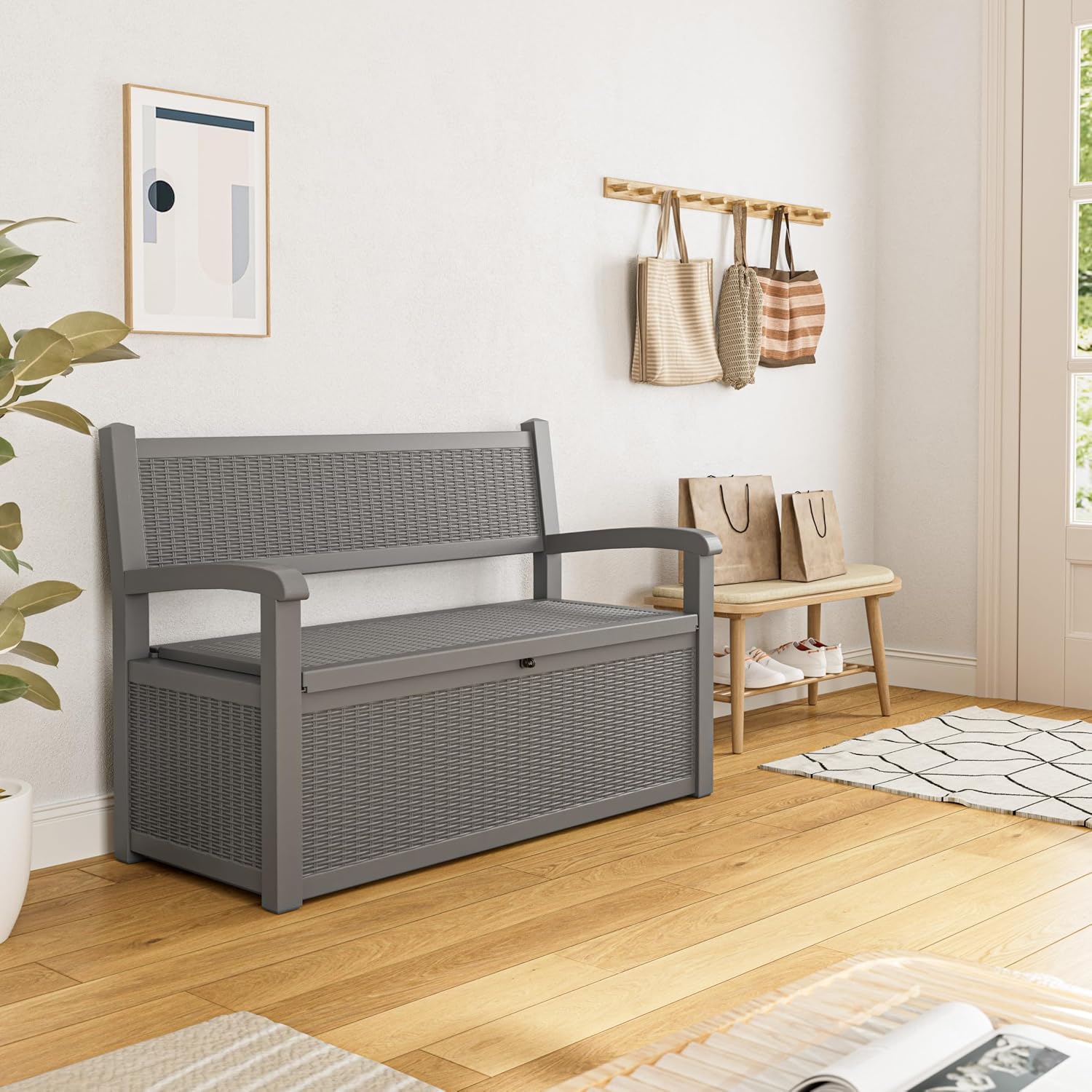 70 Gallon Lockable Outdoor Storage Bench with Armrests | Waterproof Resin Deck Box for Porch, Patio, Pool | Easy to Assemble & Clean - Gray