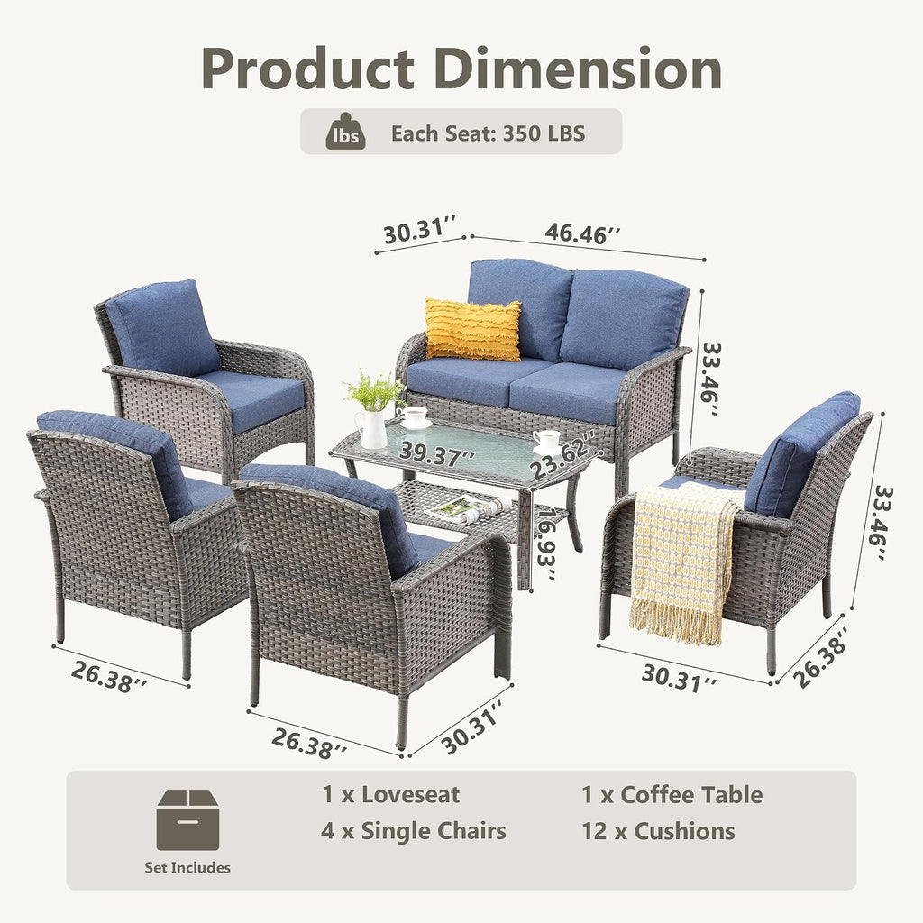 CAODOC 6-Piece Wicker Patio Furniture Set, All-Weather Rattan Conversation Bistro Loveseat Chair and Table Set for Backyard, Balcony and Deck with Soft Cushions and Metal Table(Blue)