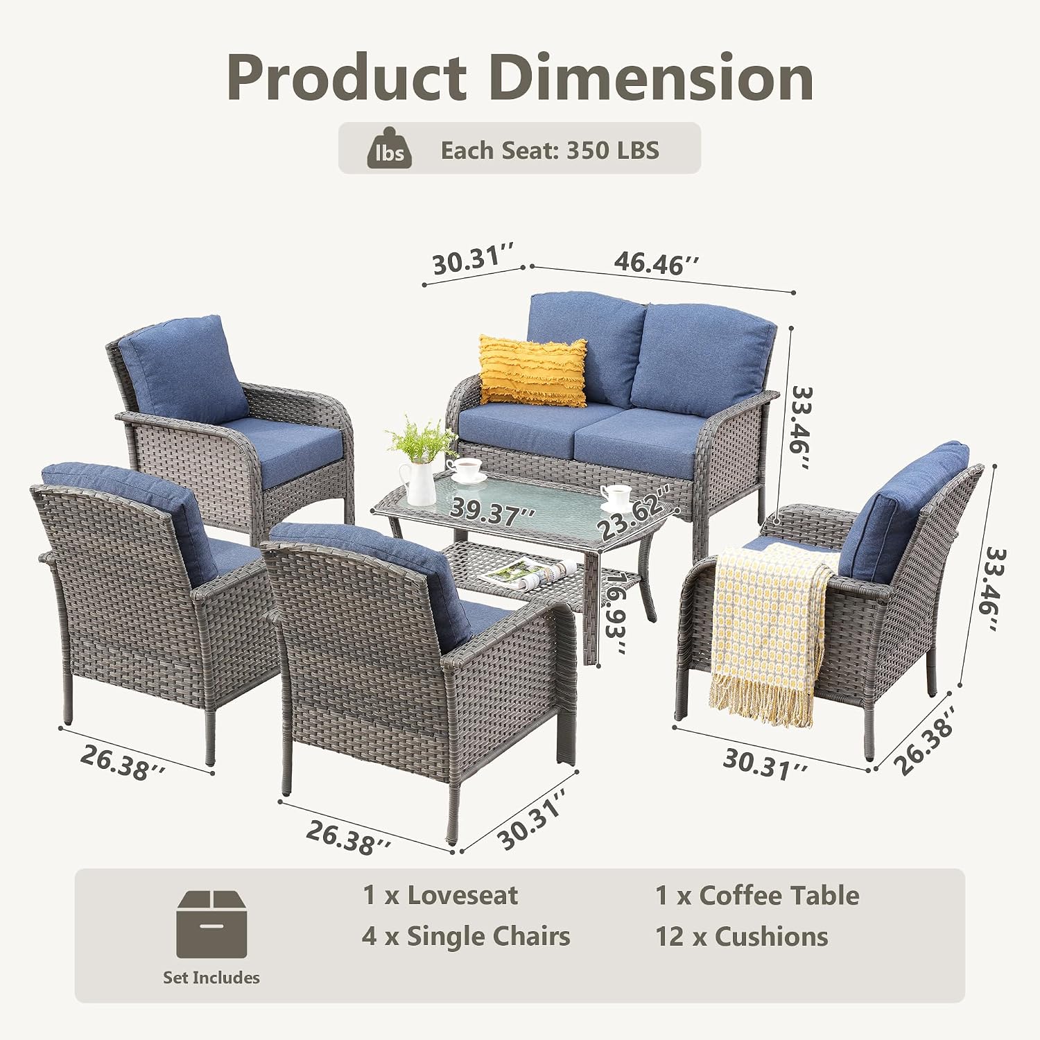 CAODOC 6-Piece Wicker Patio Furniture Set, All-Weather Rattan Conversation Bistro Loveseat Chair and Table Set for Backyard, Balcony and Deck with Soft Cushions and Metal Table(Blue)